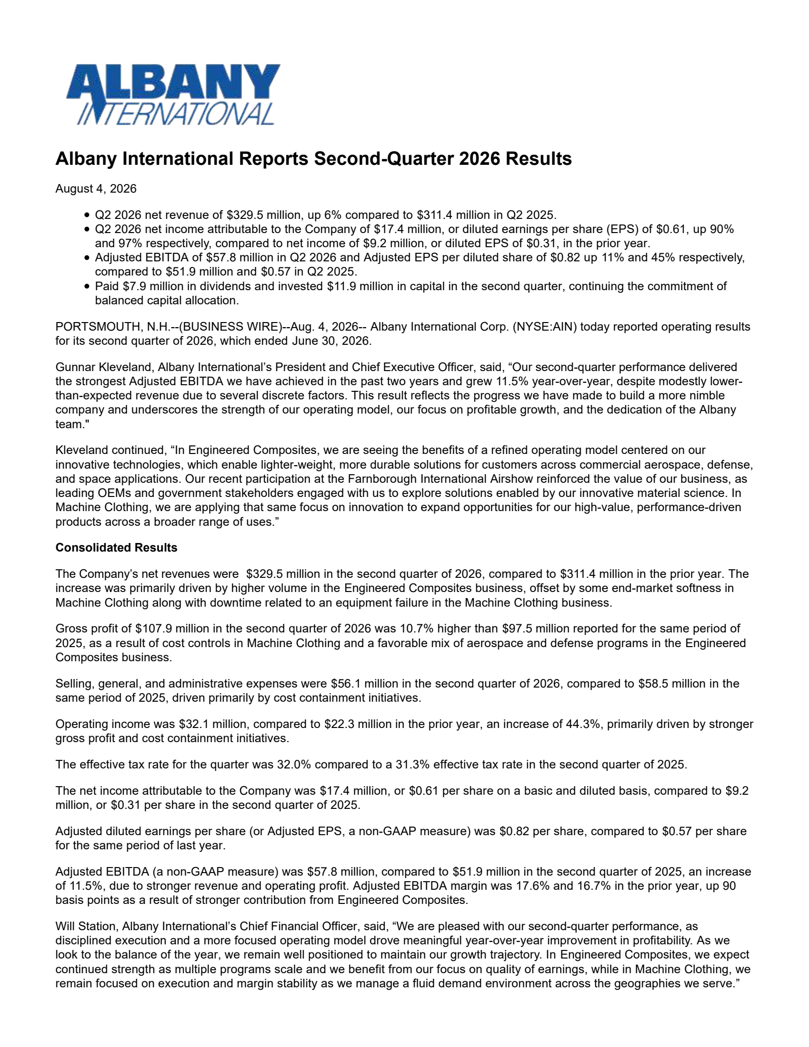 Albany International's Q2 2026 Press Release