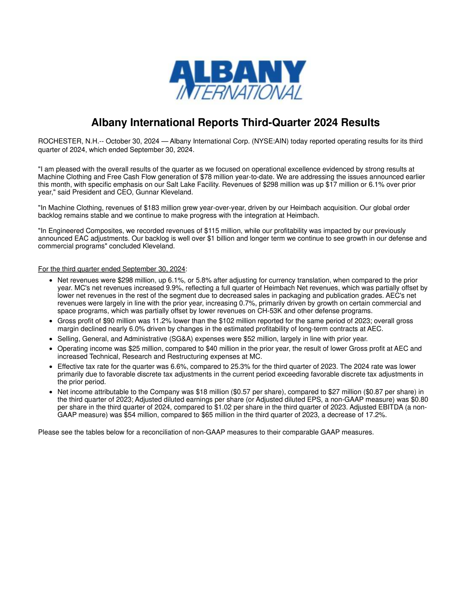 Albany International's Q3 2024 Press Release