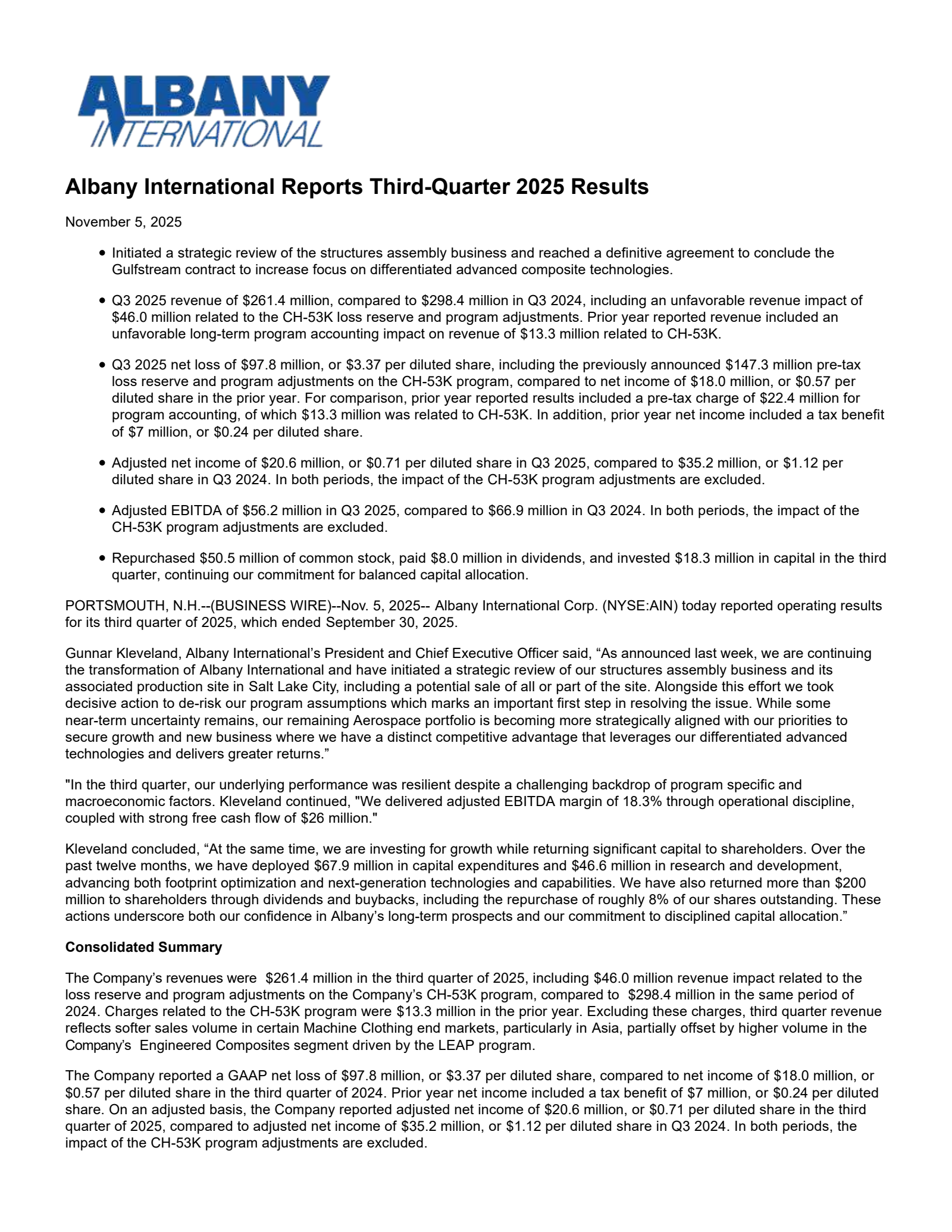 Albany International's Q3 2025 Earnings Release