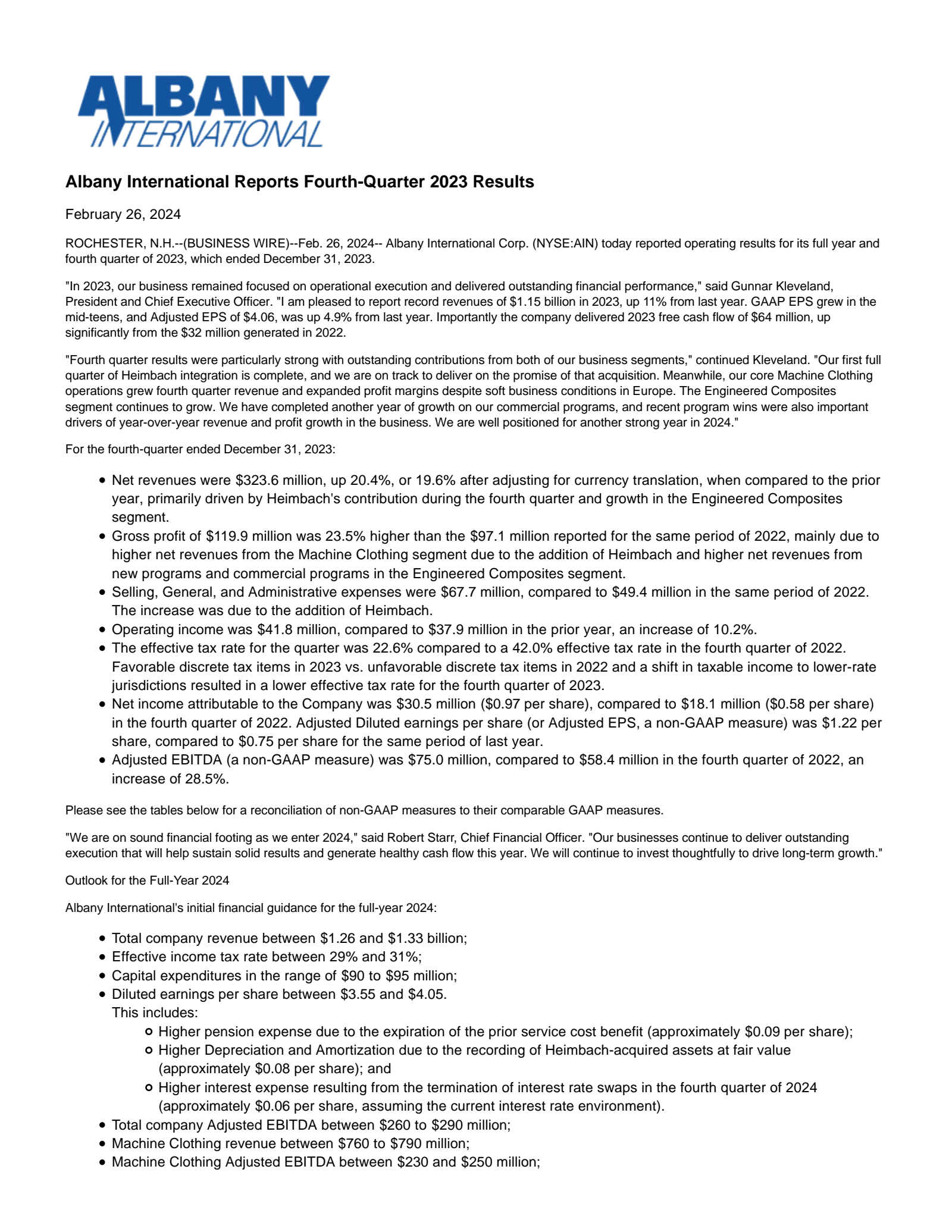 Albany International's Q4 2023 Press Release