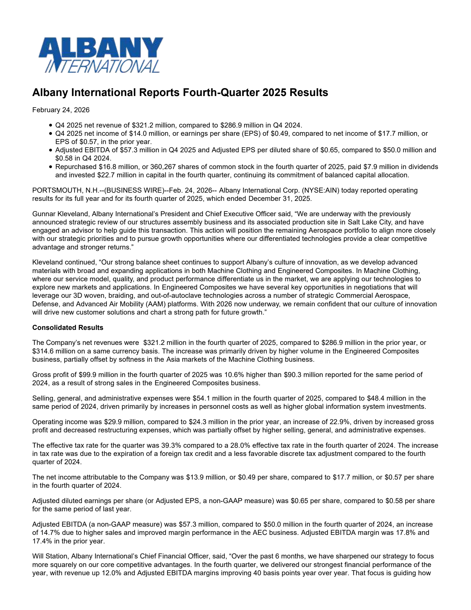 Albany International's Q4 2025 Press Release