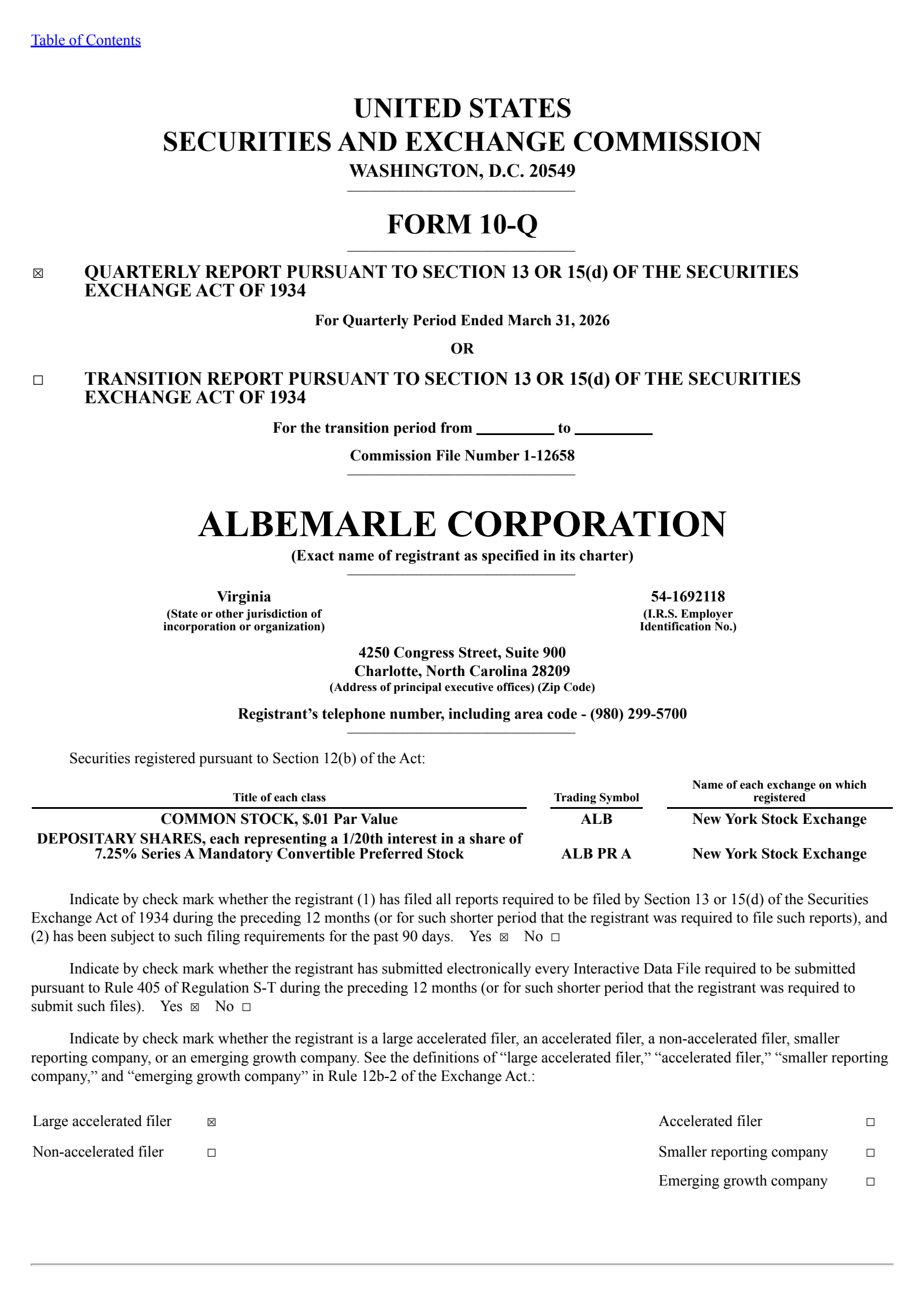 Albemarle's Q1 2026 Quarterly report
