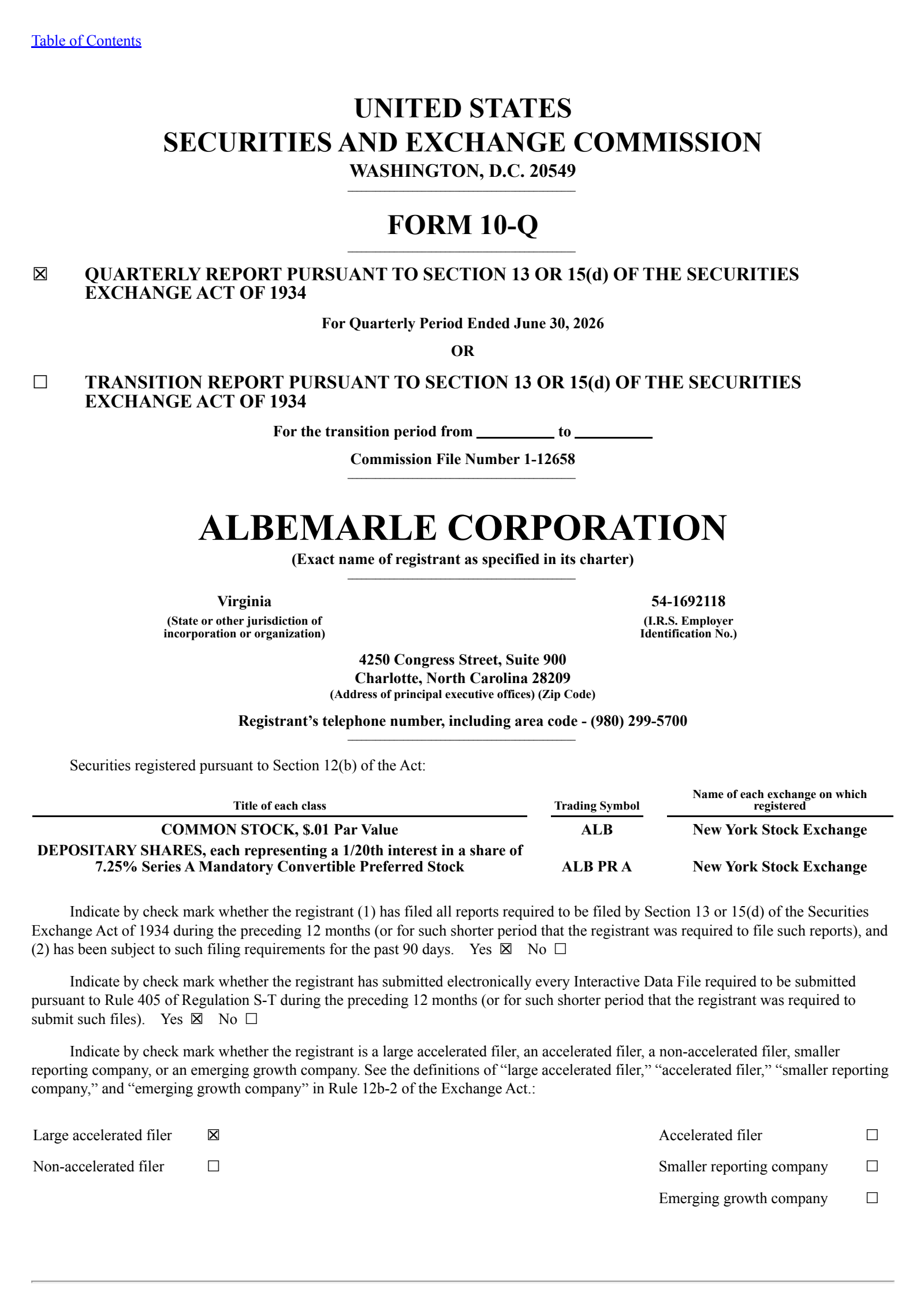 Albemarle's Q2 2026 Quarterly report