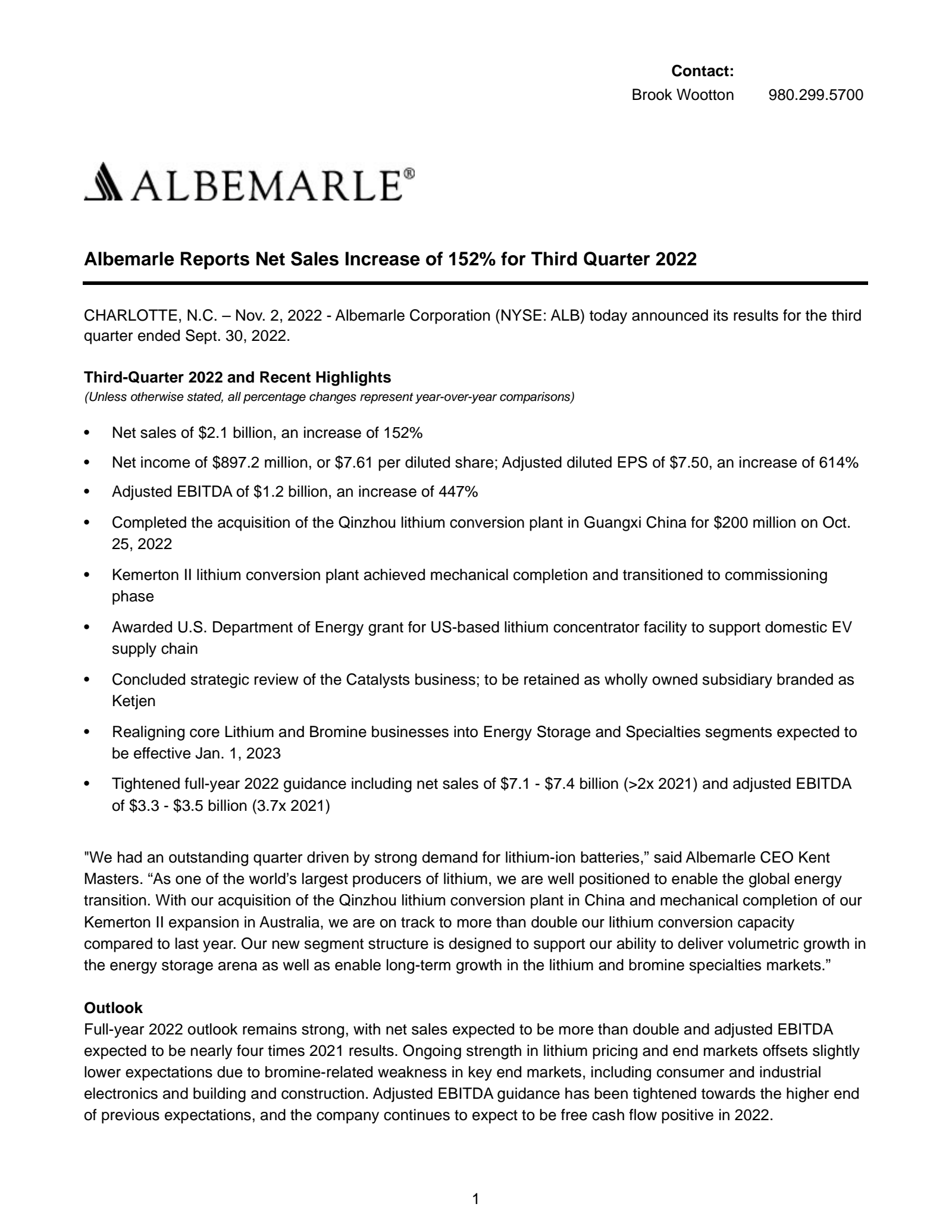Albemarle's Q3 2022 Earnings Release