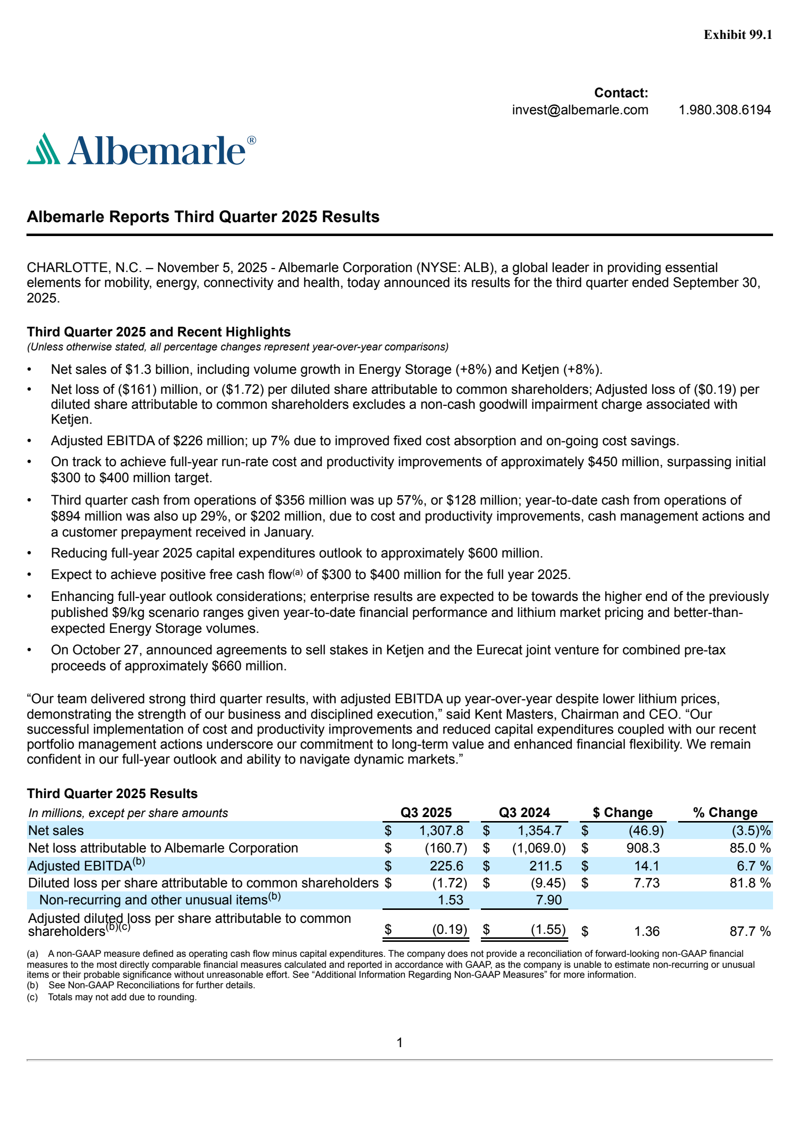 Albemarle's Q3 2025 Earnings Release