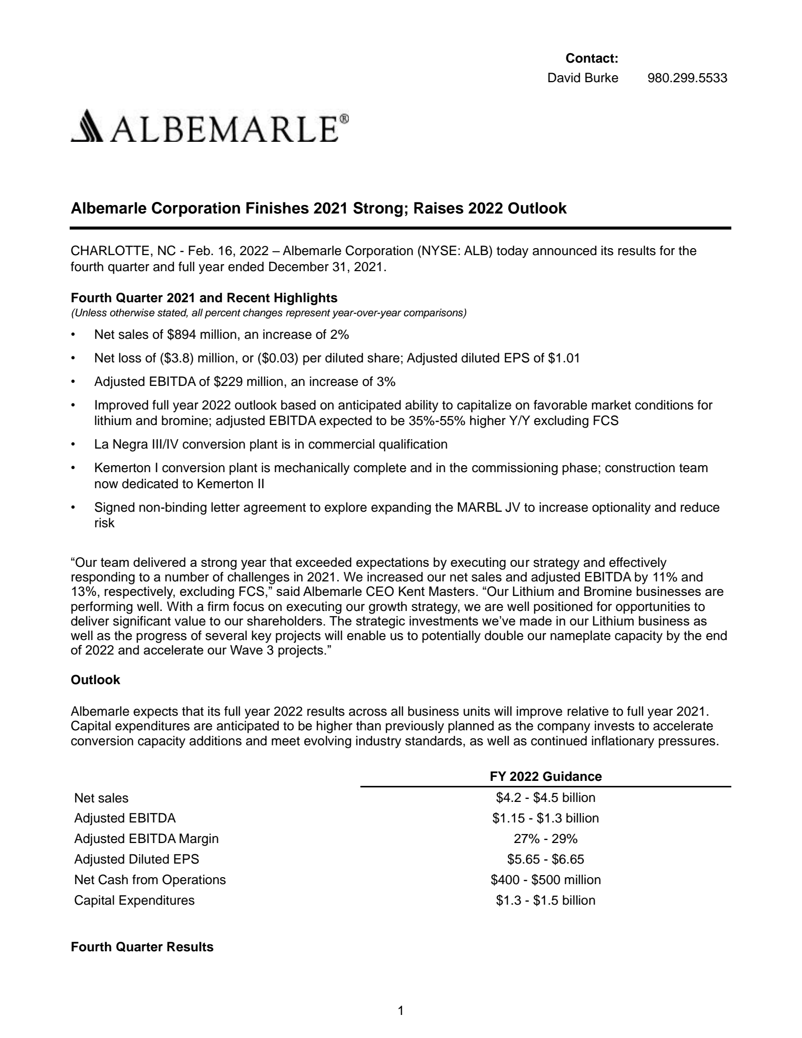 Albemarle's Q4 2021 Earnings Release