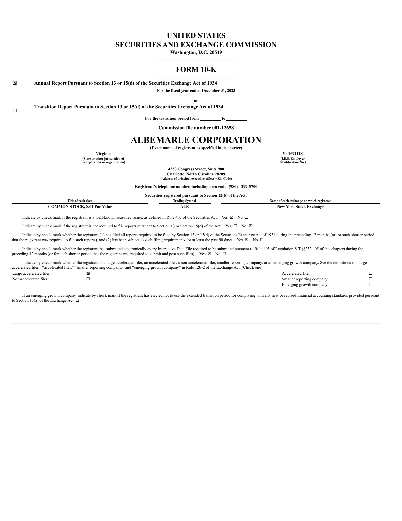 Albemarle's Q4 2023 Annual report
