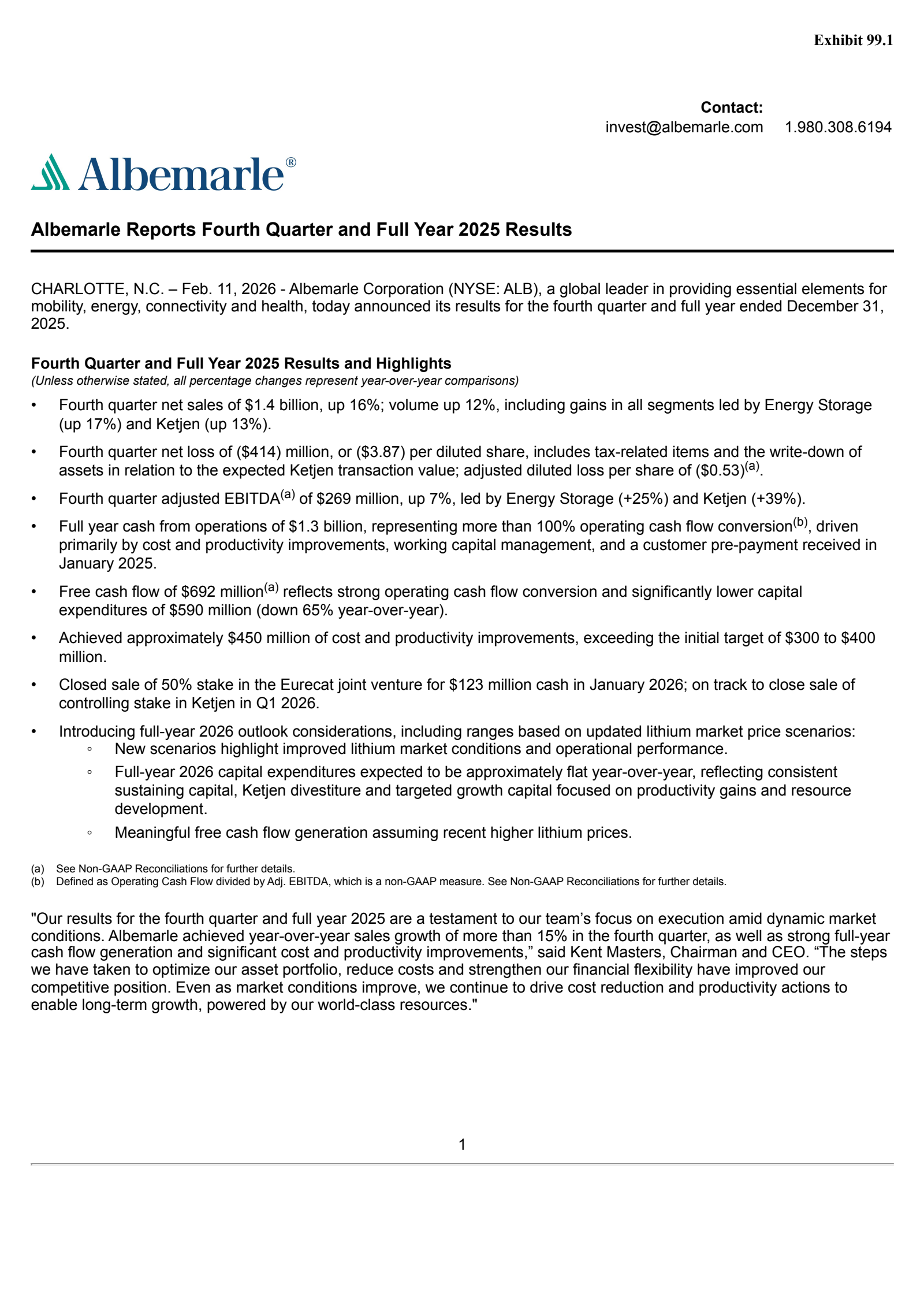Albemarle's Q4 2025 Press Release
