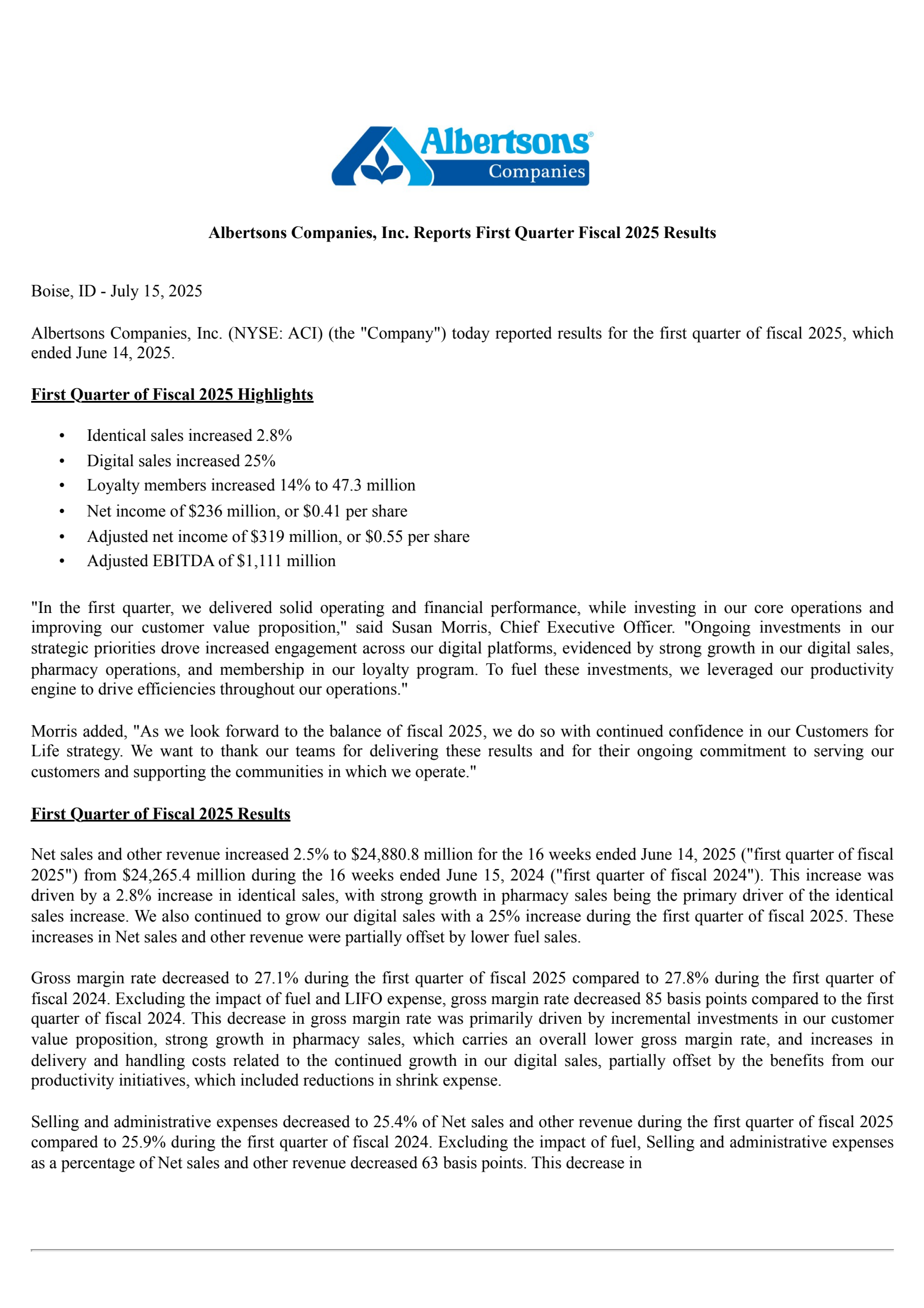 Albertsons Companies' Q1 2025 Press Release