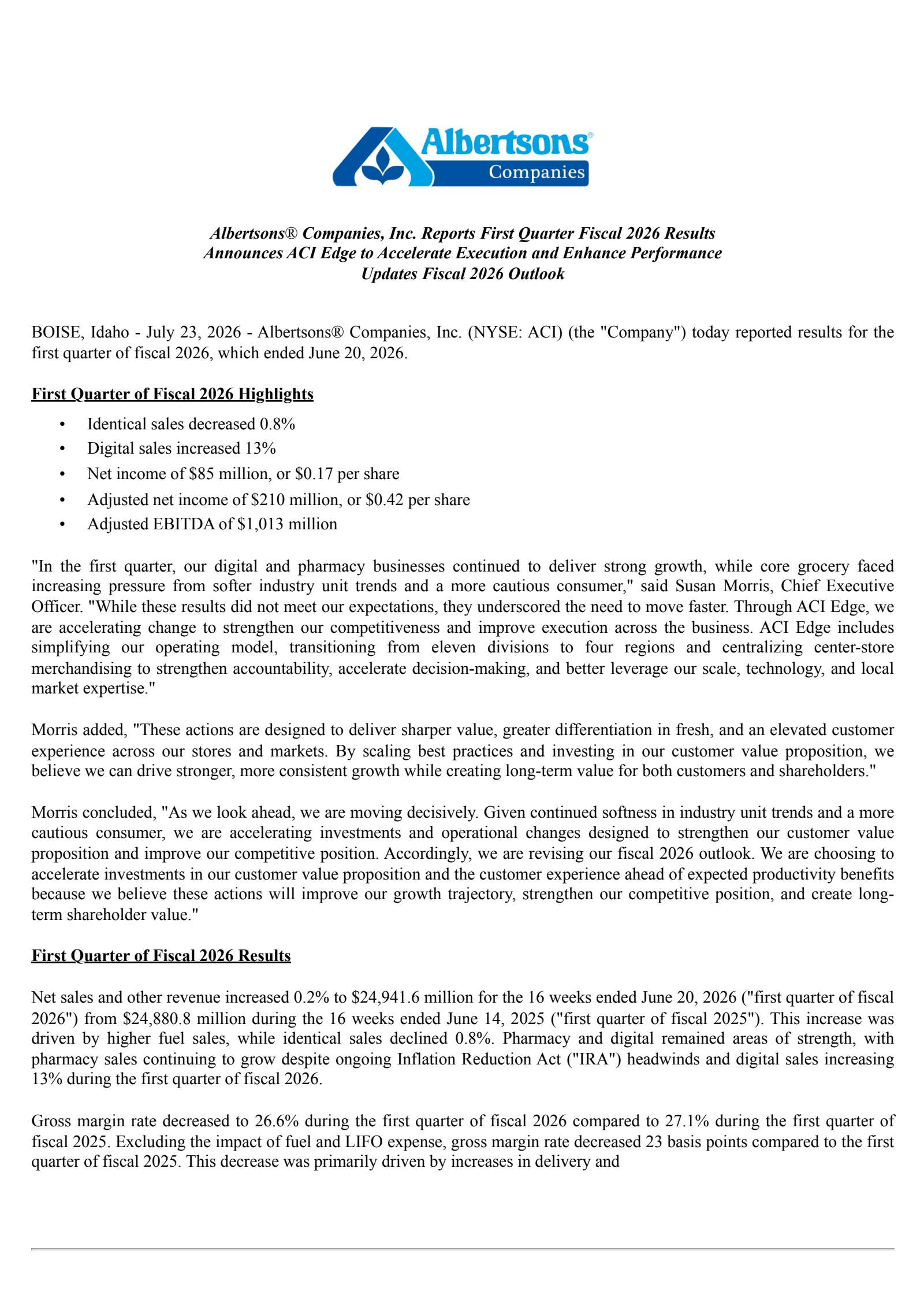 Albertsons Companies' Q1 2027 Press Release