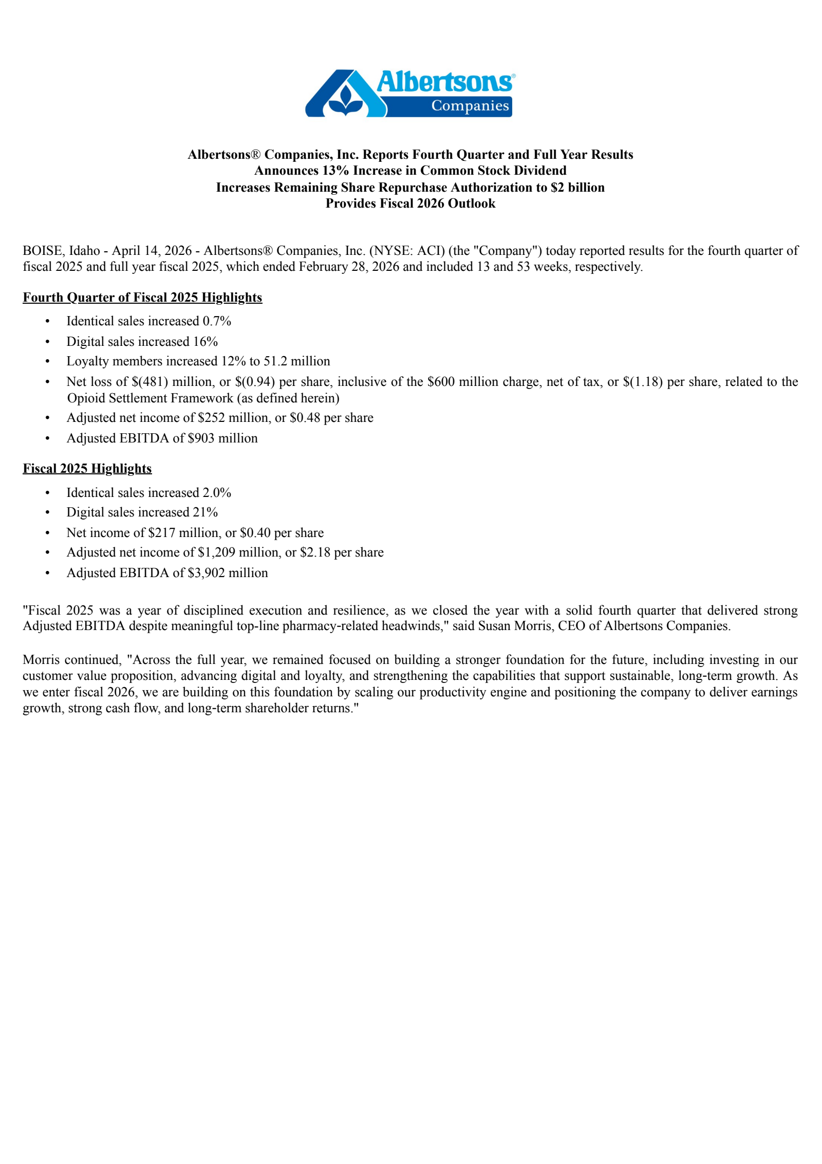 Albertsons Companies' Q4 2026 Press Release