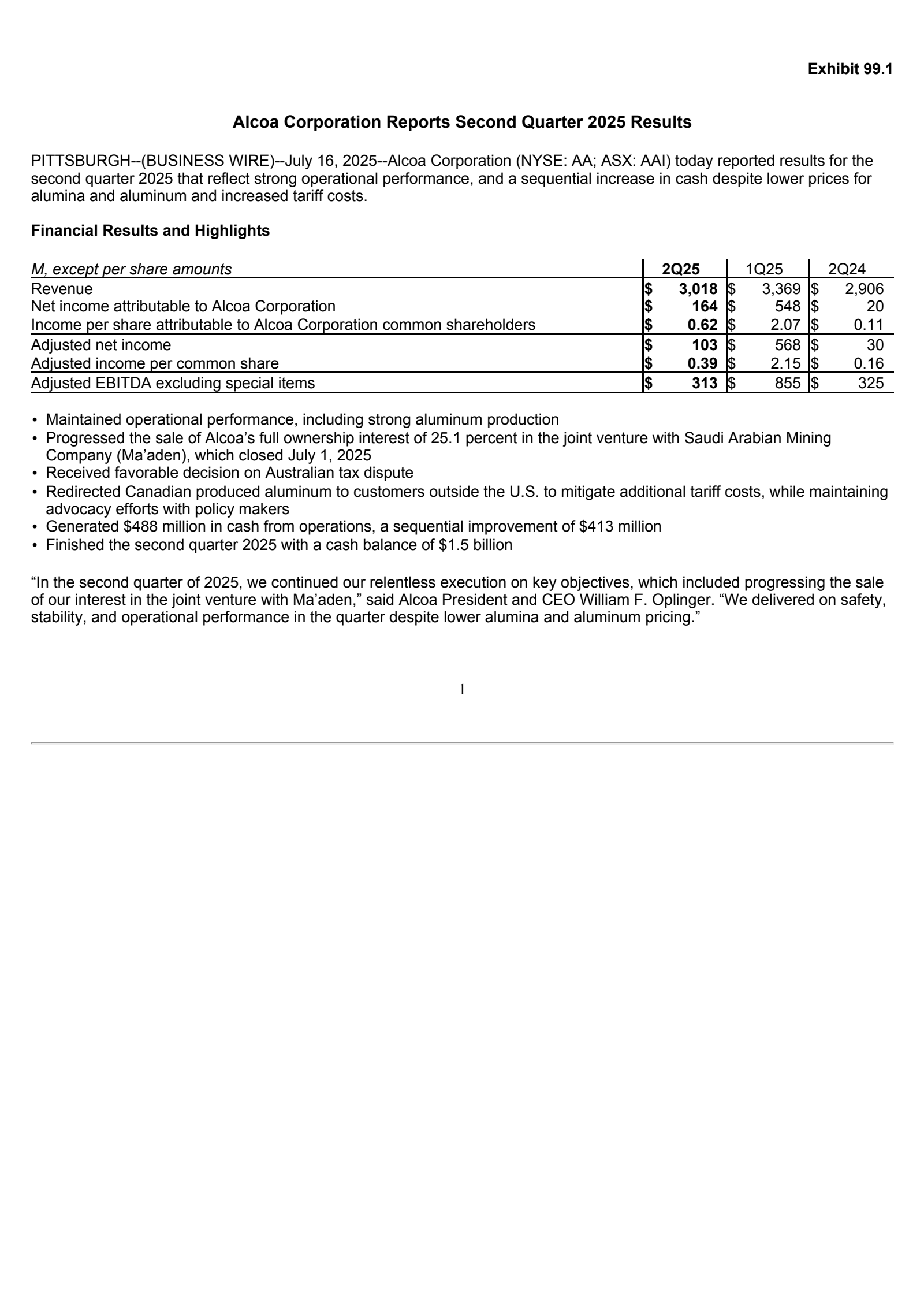 Alcoa's Q2 2025 Press Release