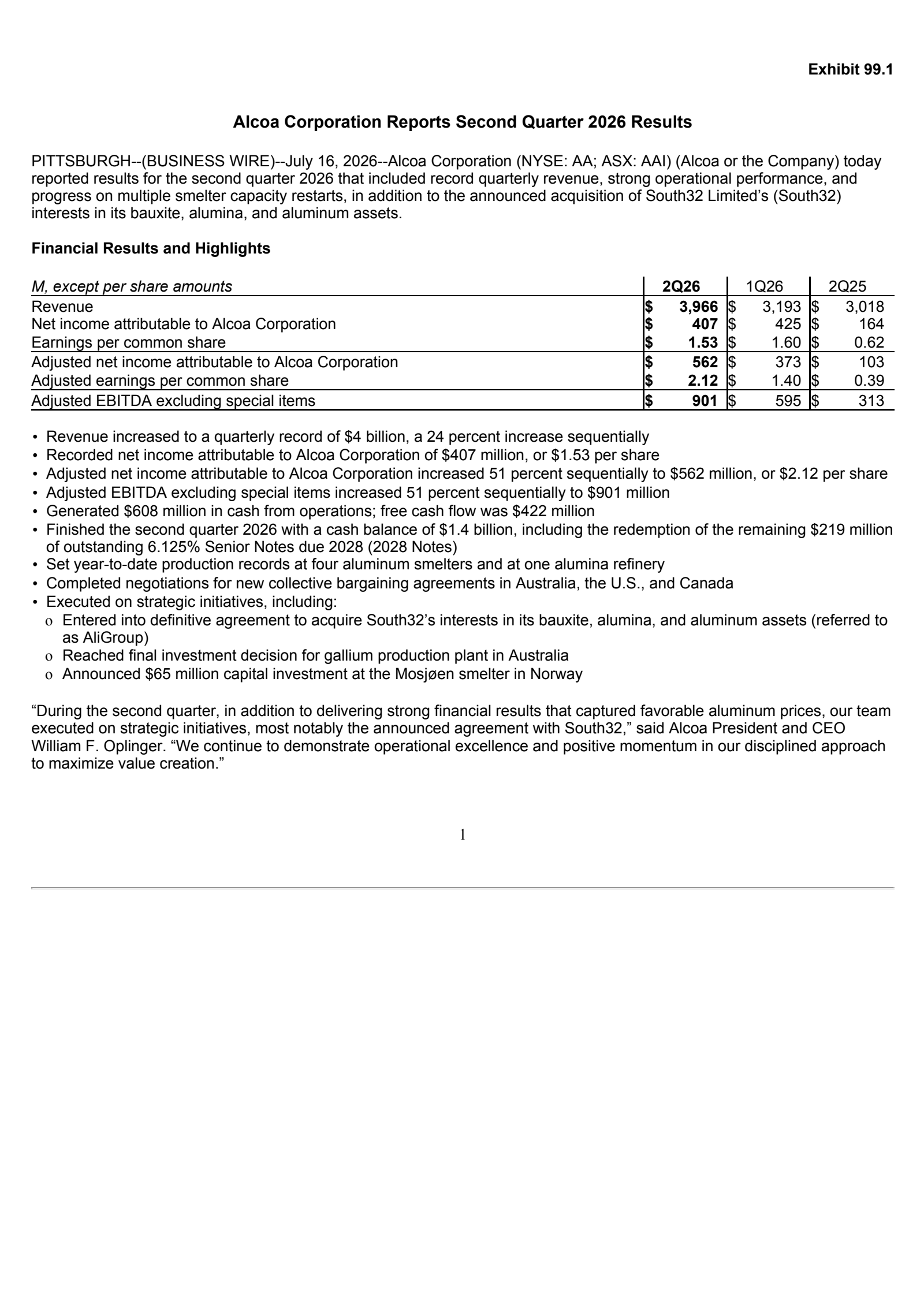 Alcoa's Q2 2026 Press Release