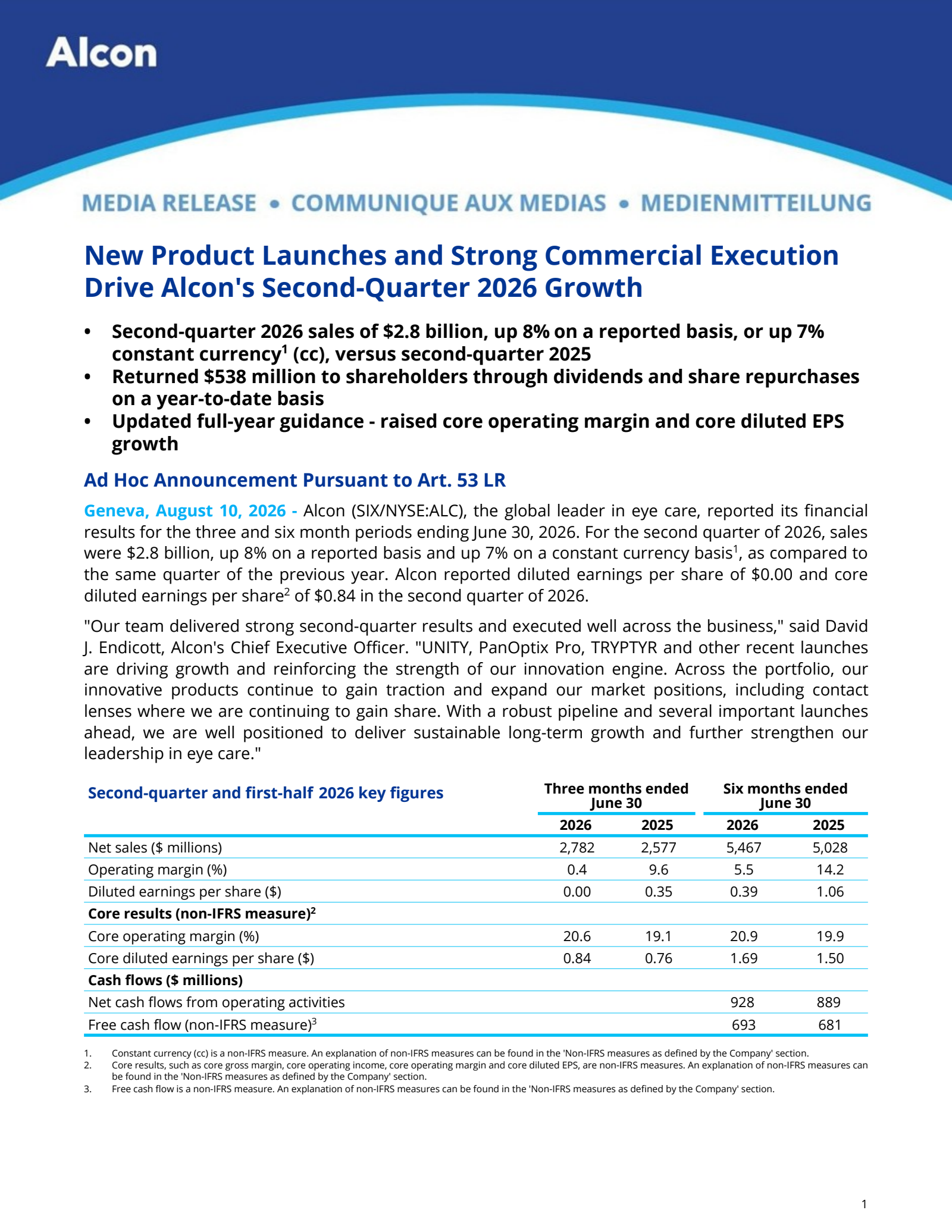 Alcon's Q2 2026 Press Release