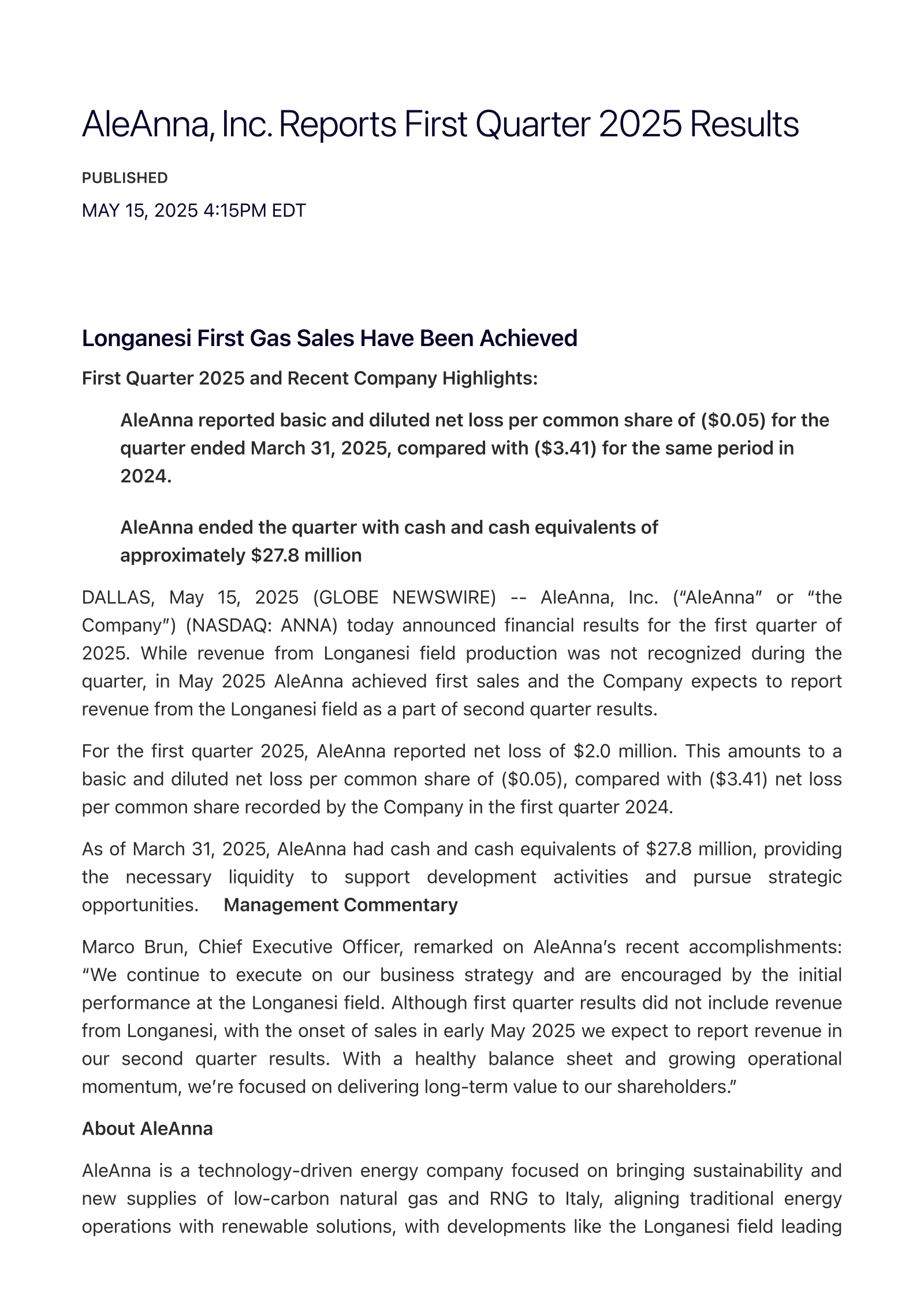AleAnna's Q1 2025 Press Release