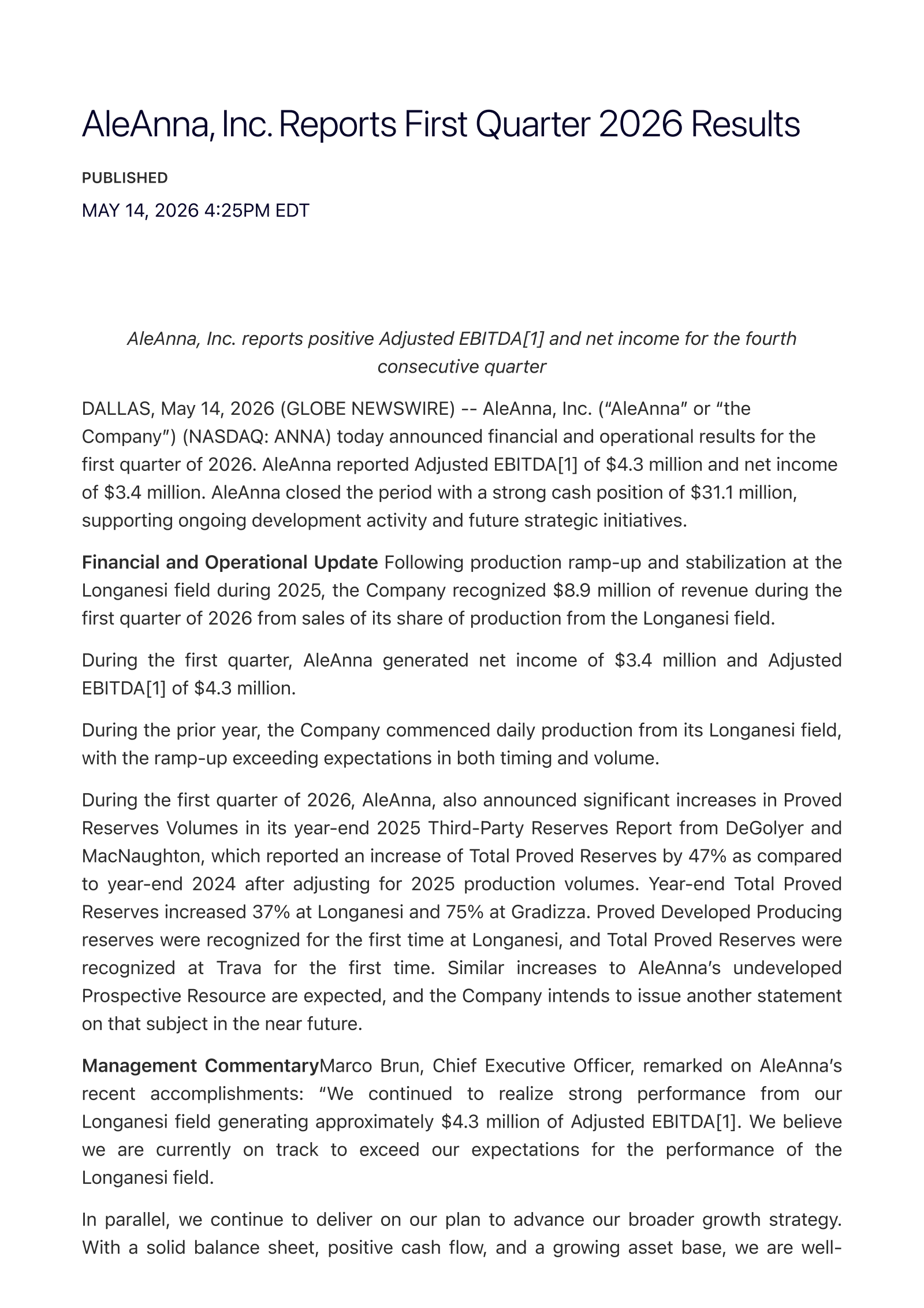 AleAnna's Q1 2026 Press Release