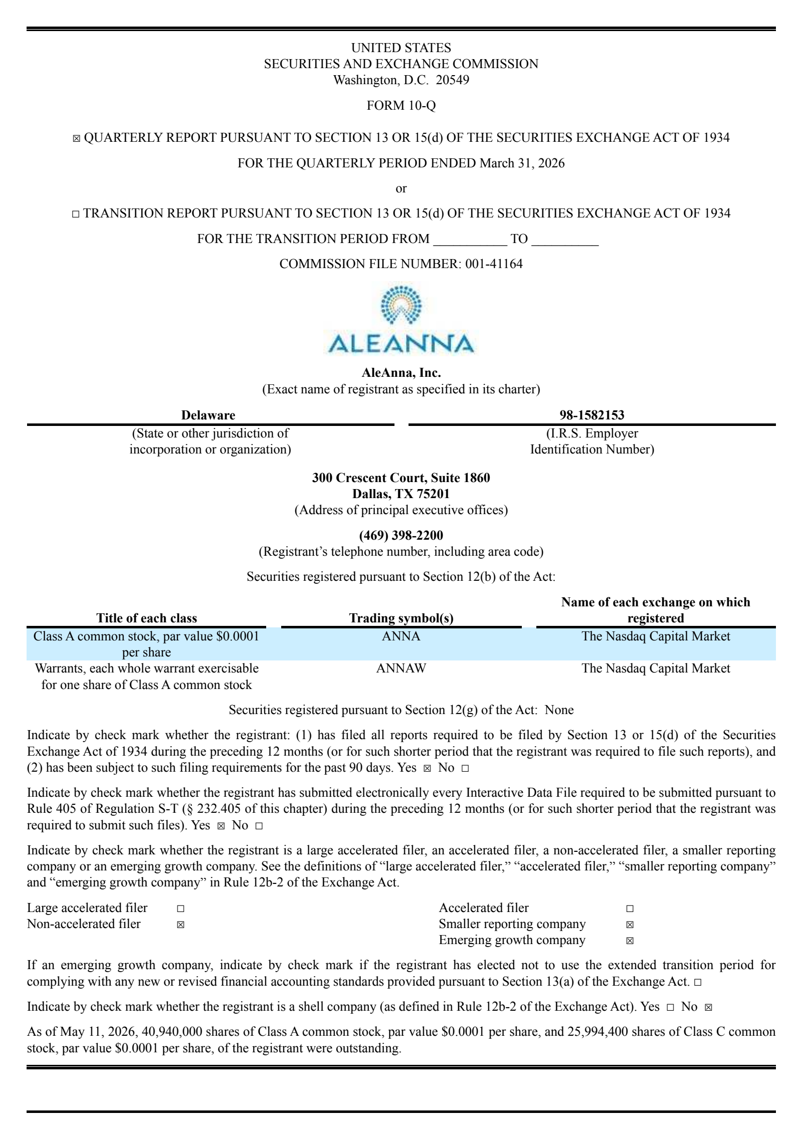 AleAnna's Q1 2026 Quarterly report