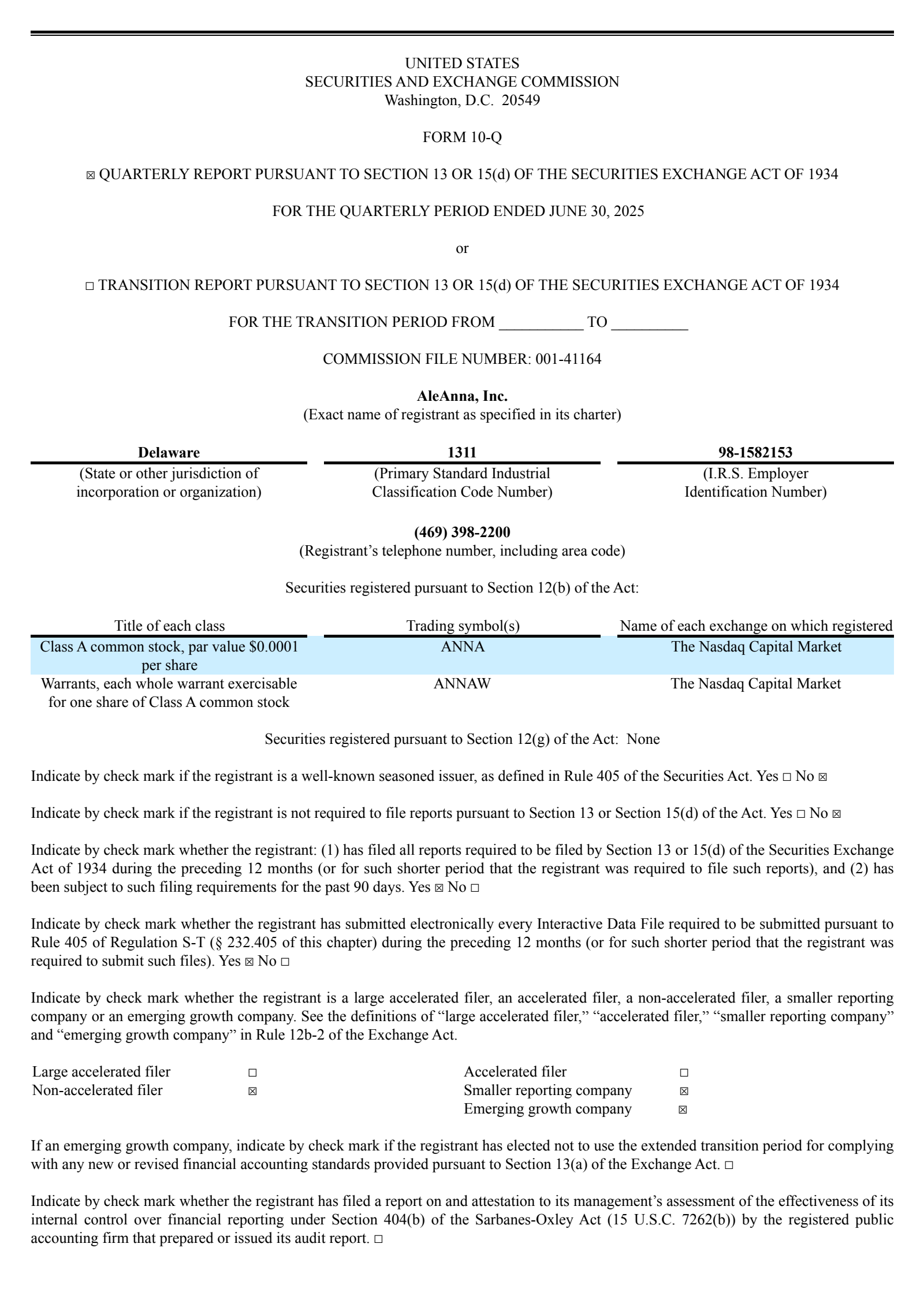 AleAnna's Q2 2025 Quarterly report