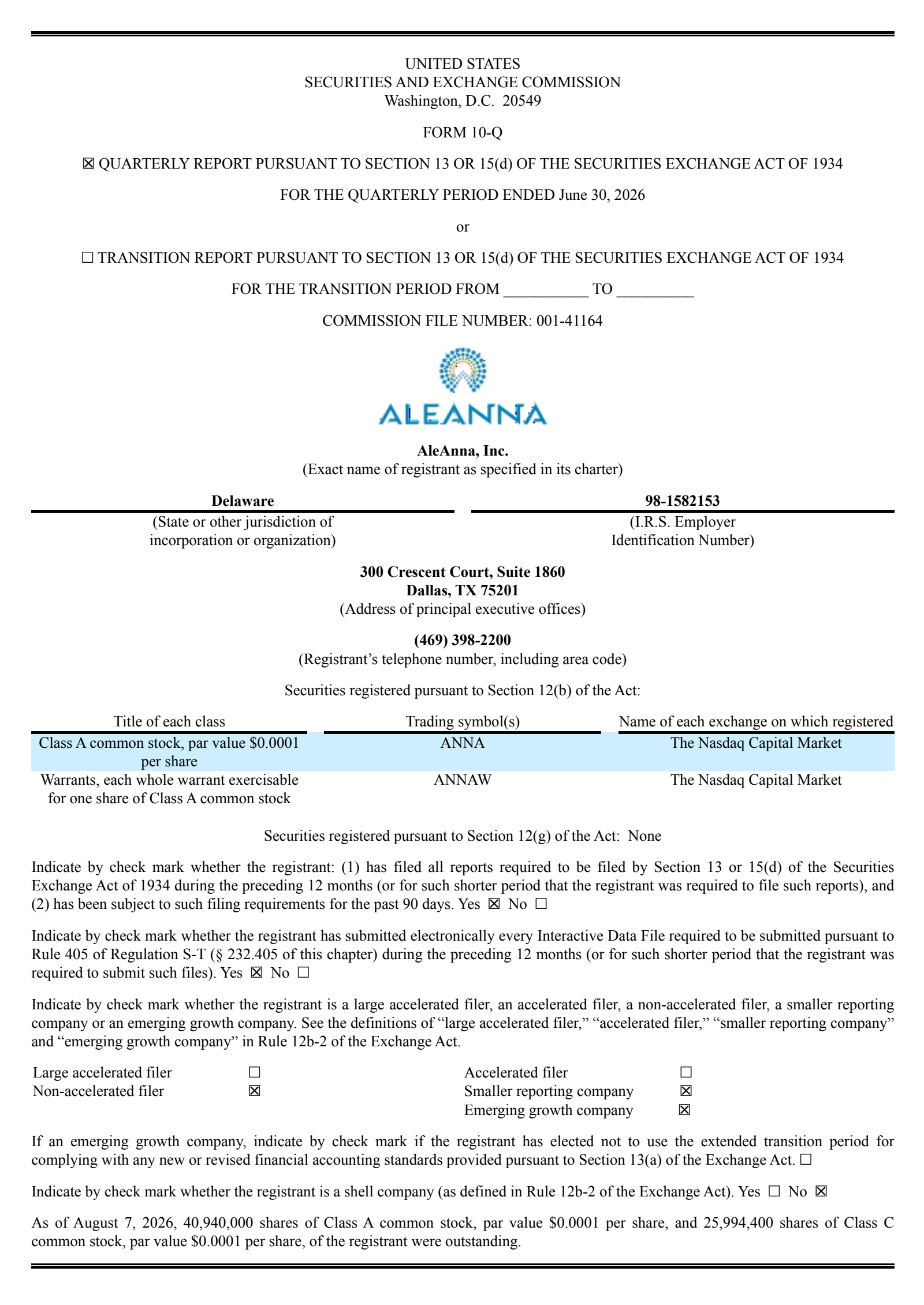 AleAnna's Q2 2026 Quarterly report