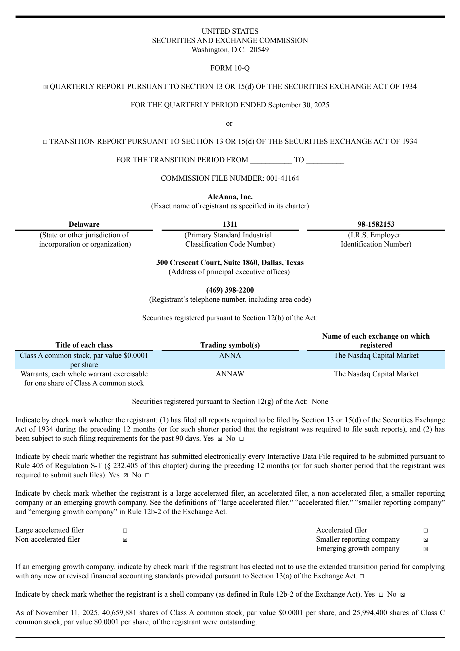 AleAnna's Q3 2025 Quarterly report