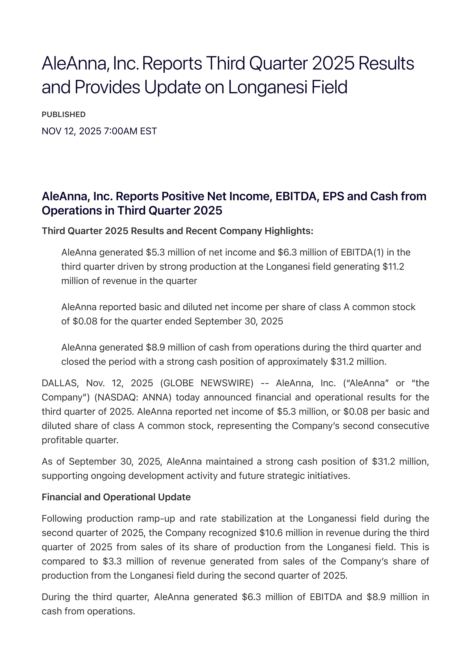 AleAnna's Q3 2025 Press Release