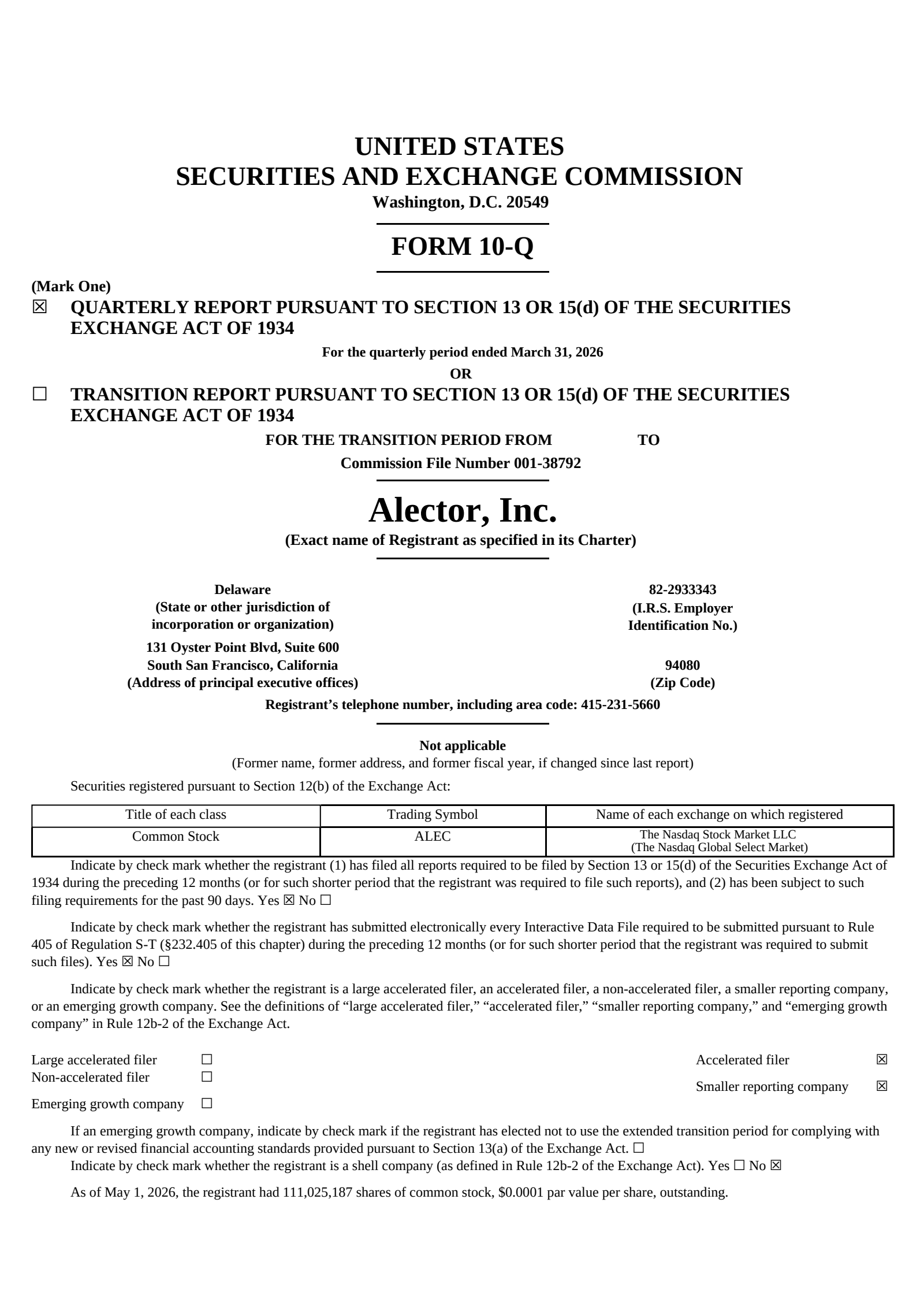 Alector's Q1 2026 Quarterly report
