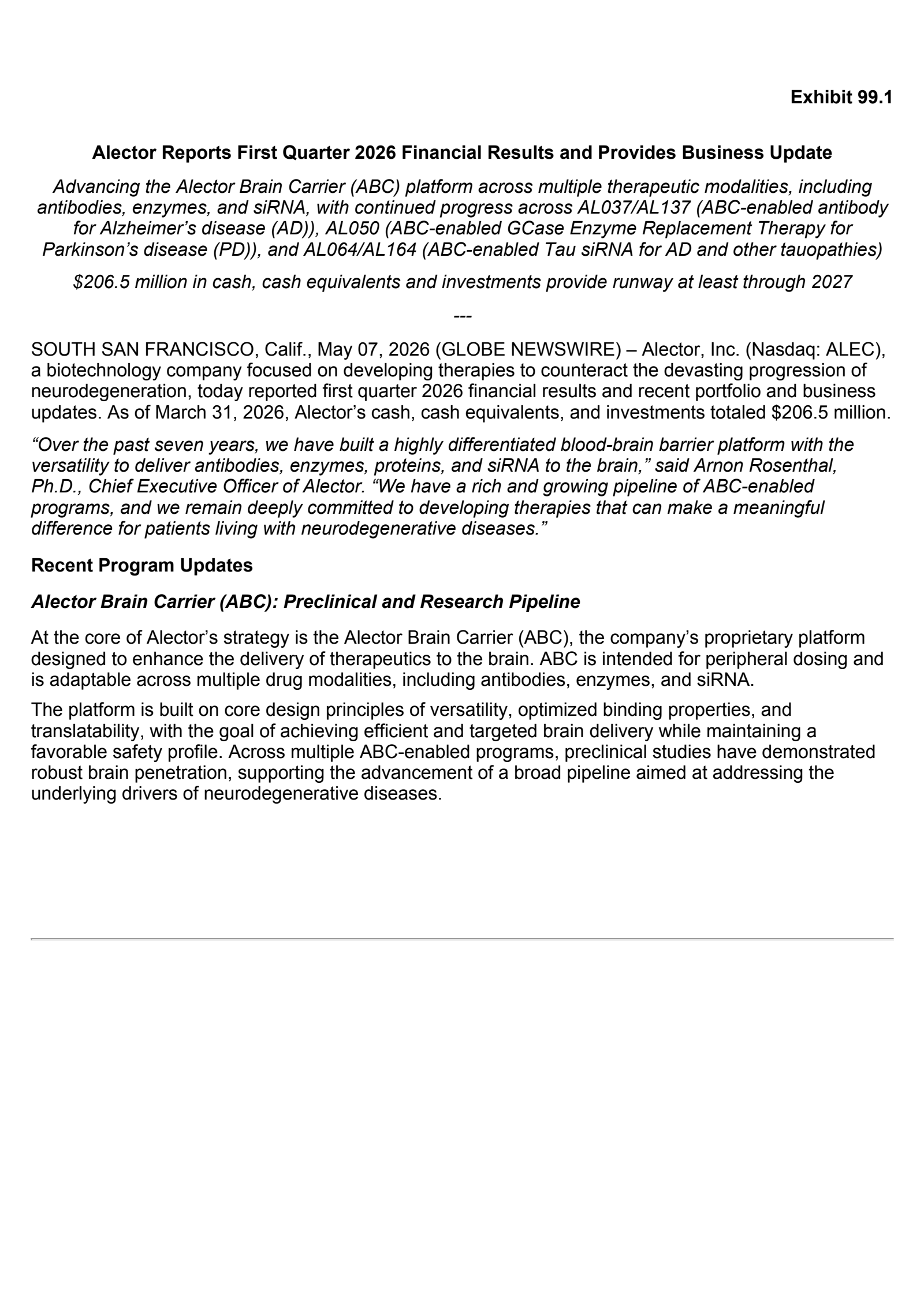 Alector's Q1 2026 Press Release