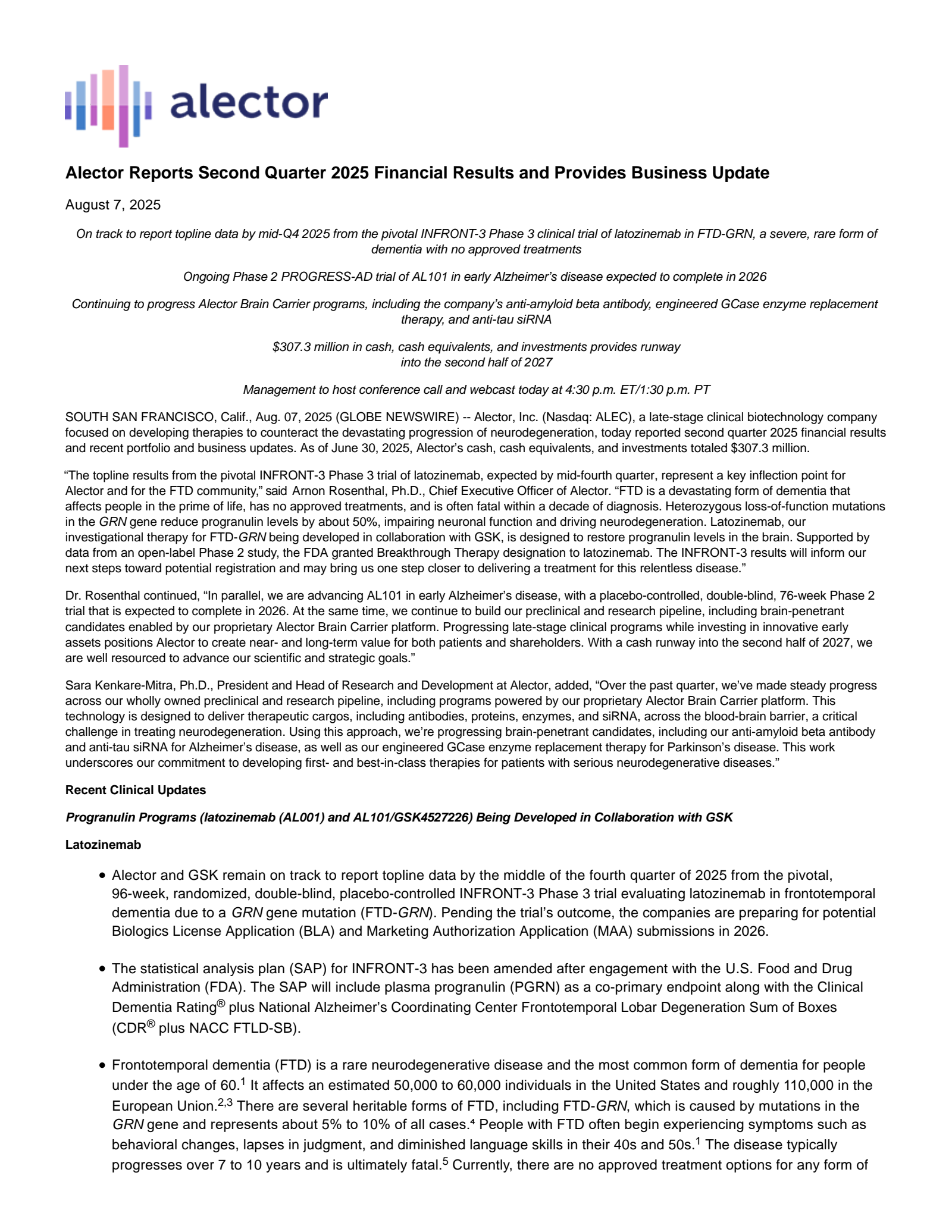 Alector's Q2 2025 Press Release