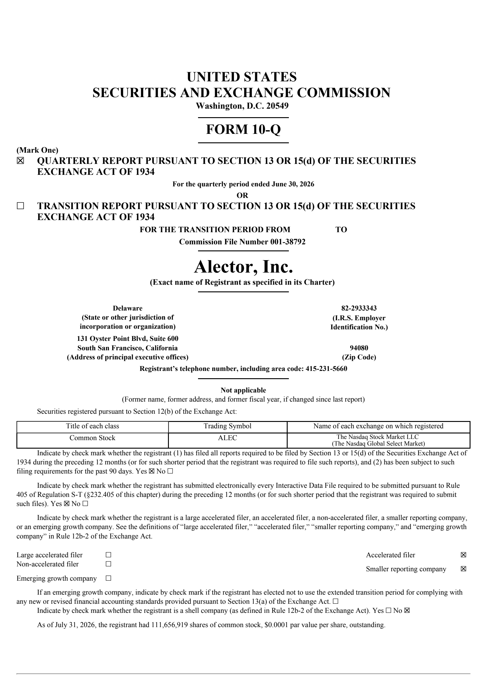 Alector's Q2 2026 Quarterly report