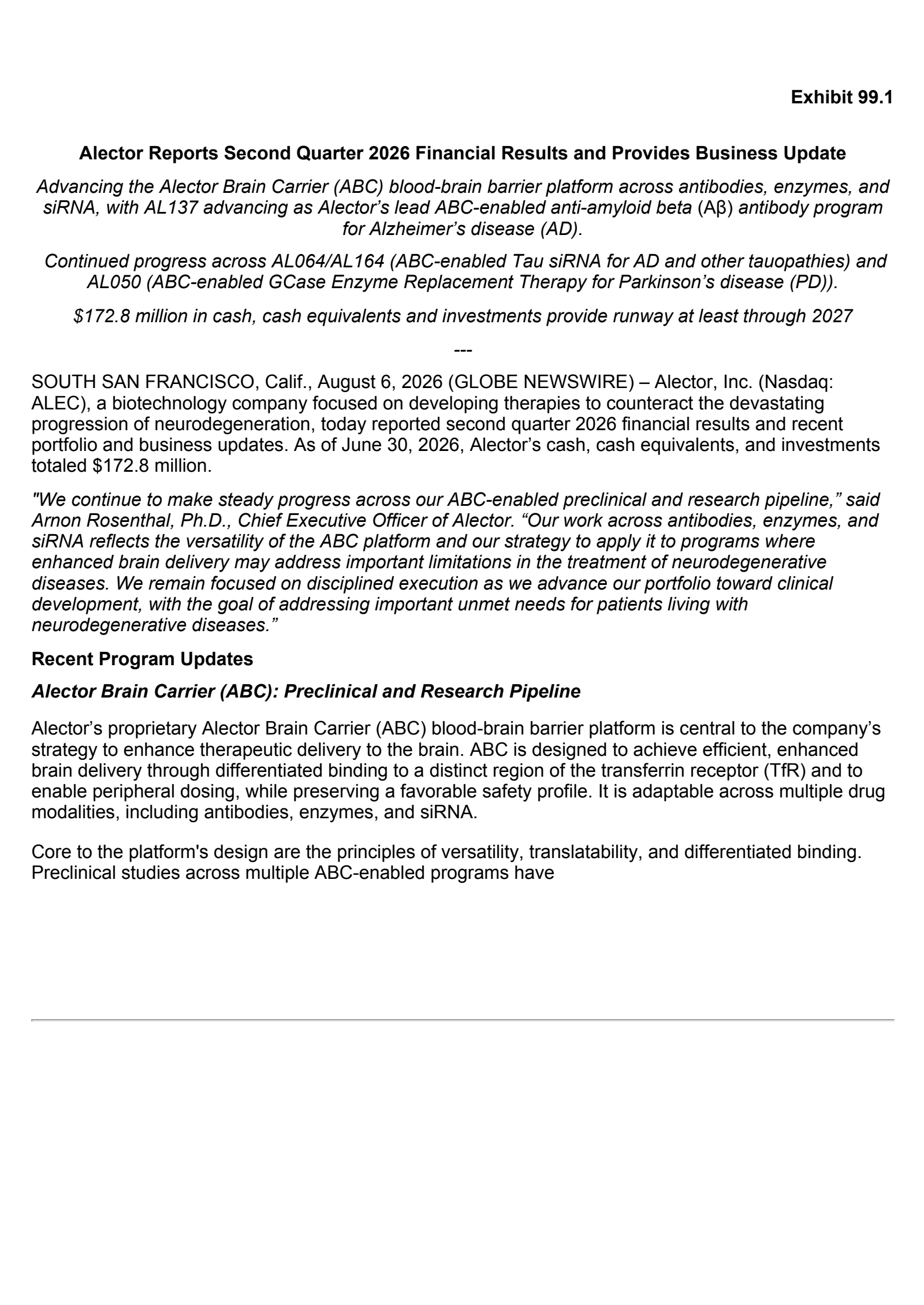 Alector's Q2 2026 Press Release
