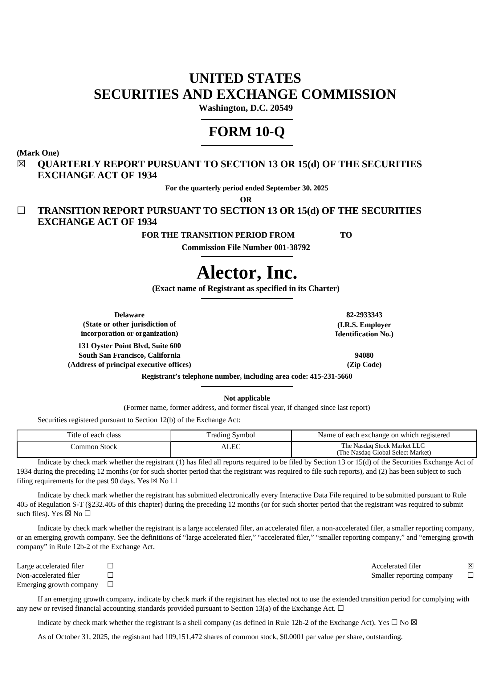 Alector's Q3 2025 Quarterly Report