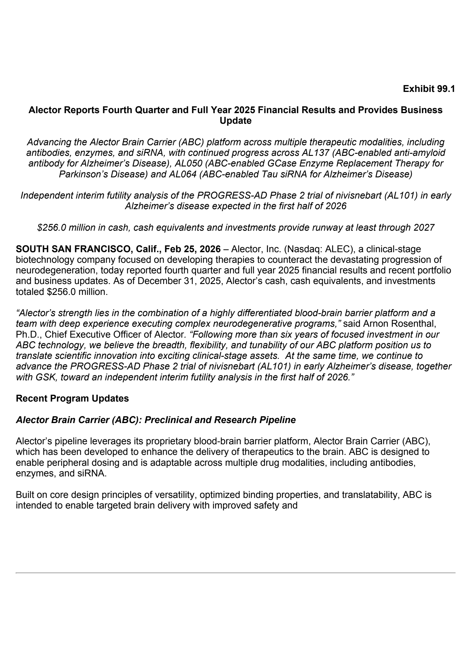 Alector's Q4 2025 Press Release