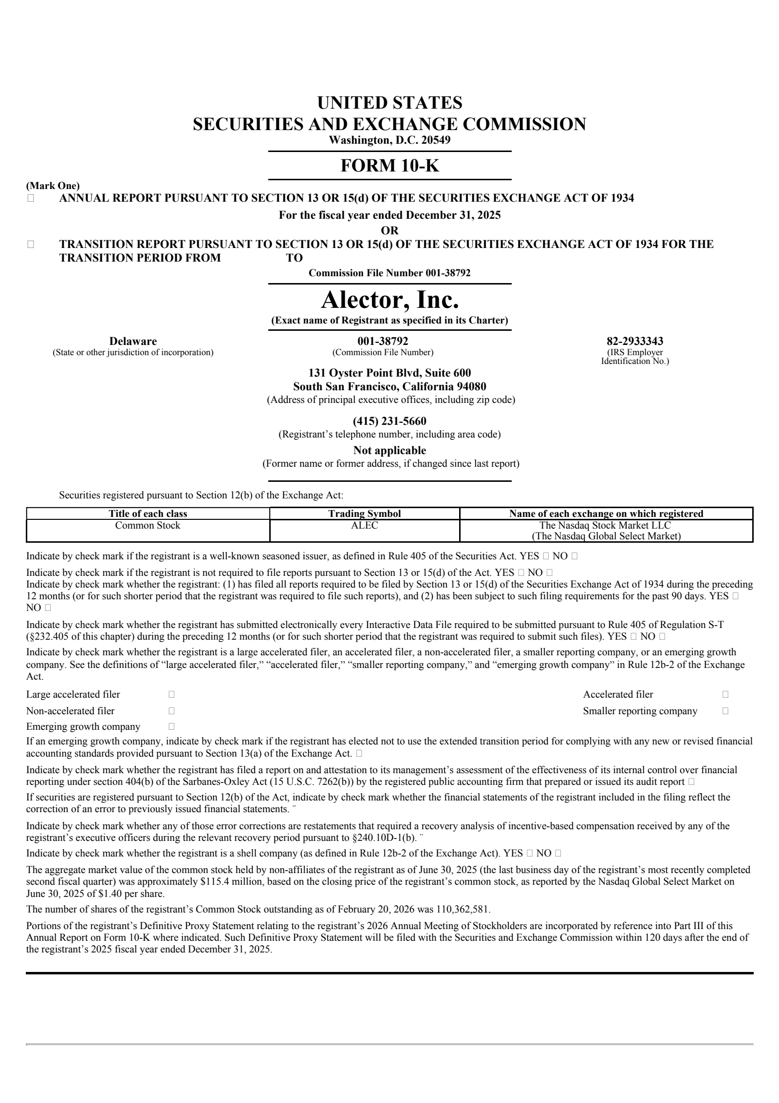 Alector's Q4 2025 Annual report
