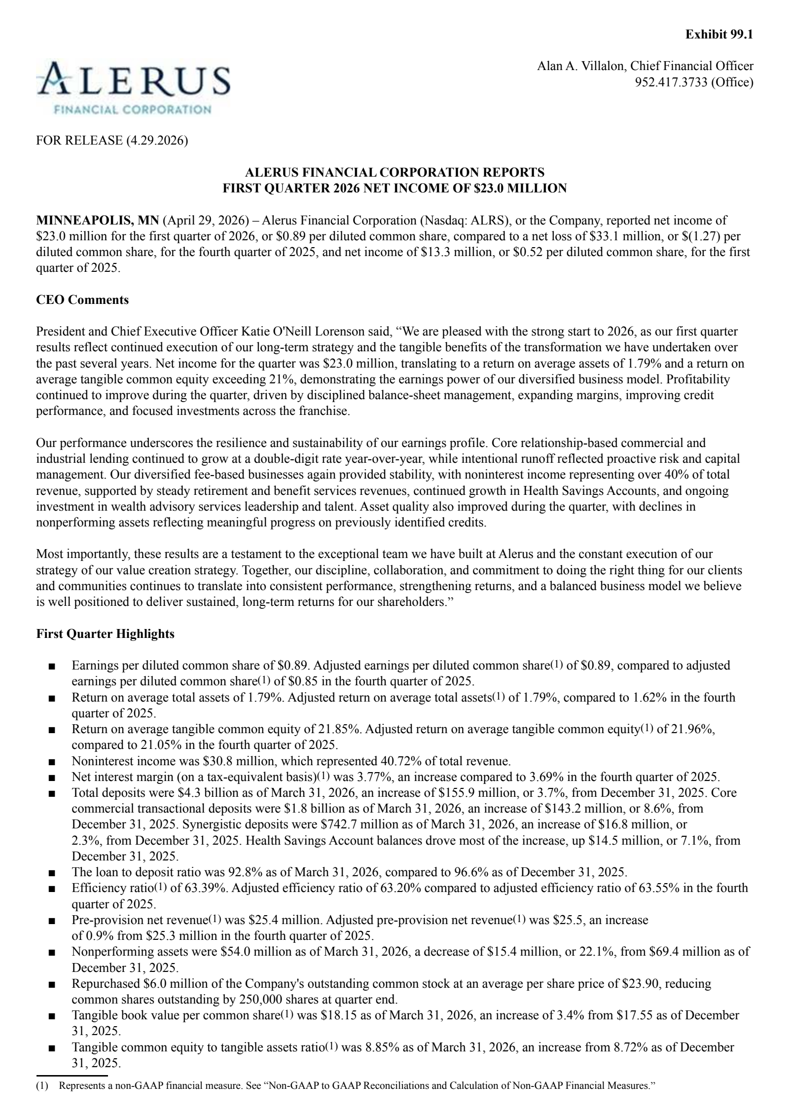 Alerus Financial's Q1 2026 Press Release