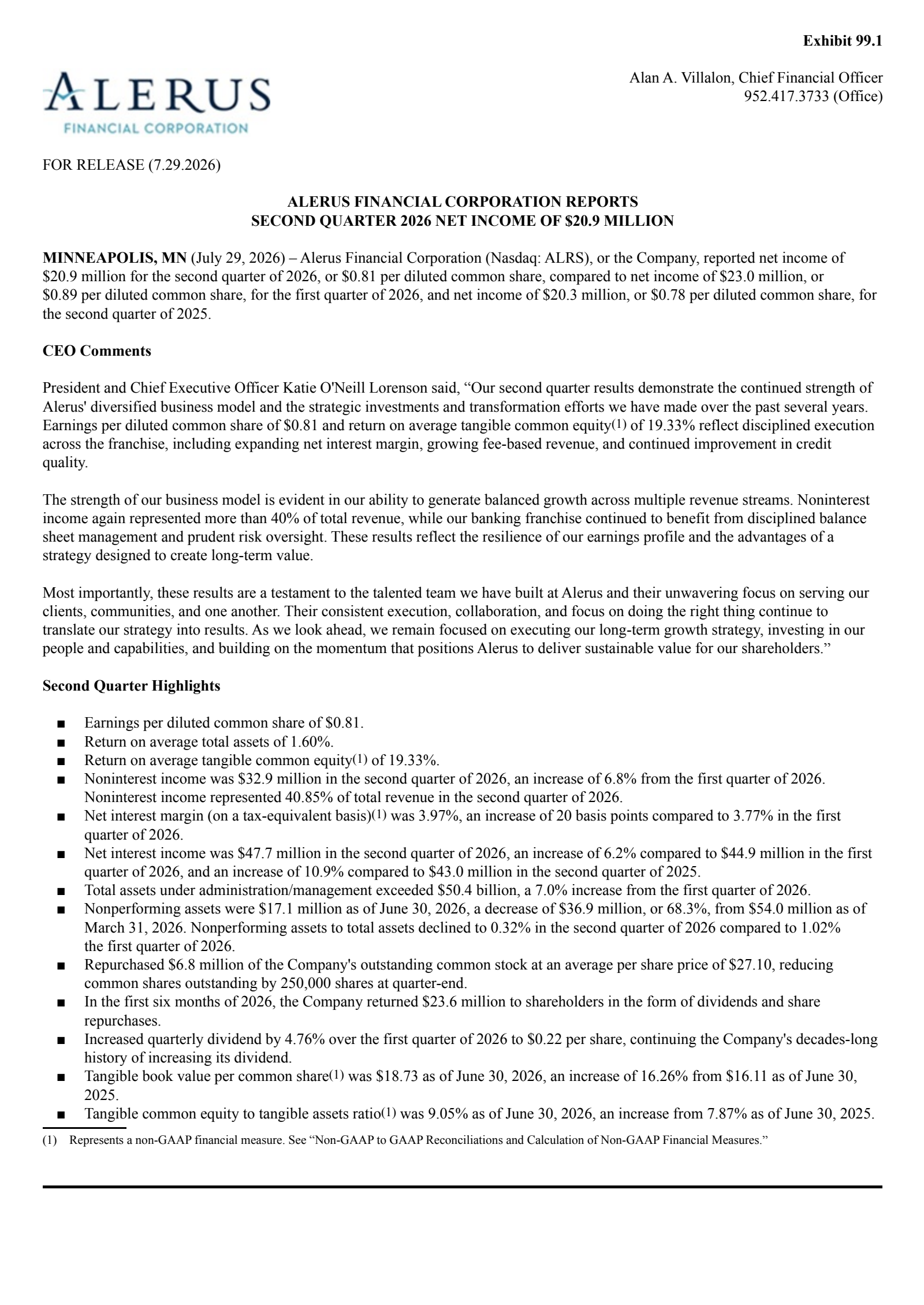 Alerus Financial's Q2 2026 Press Release