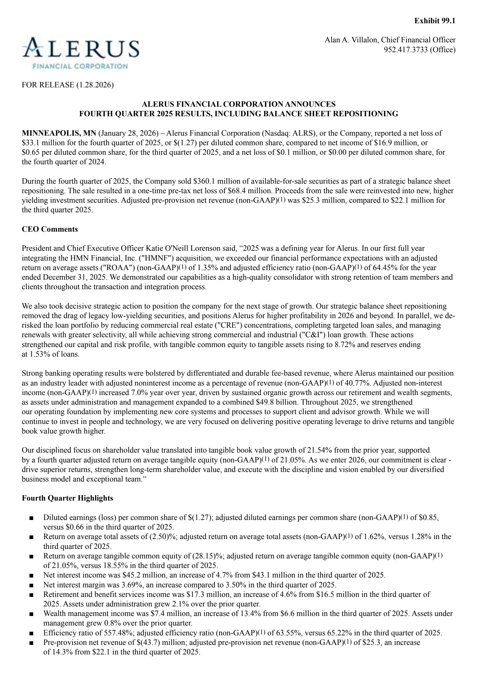 Alerus Financial's Q4 2025 Press Release