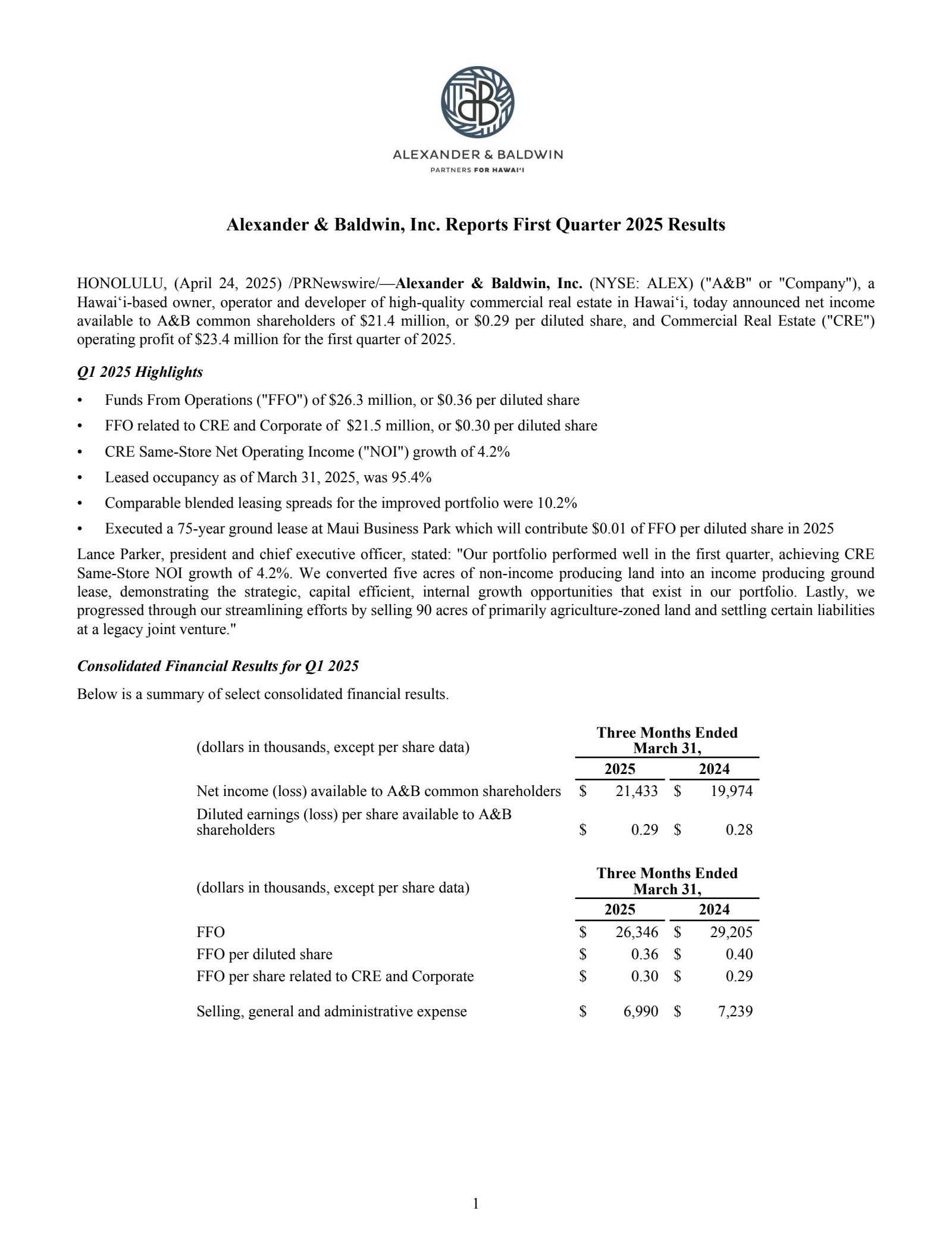 Alexander & Baldwin's Q1 2025 Press Release