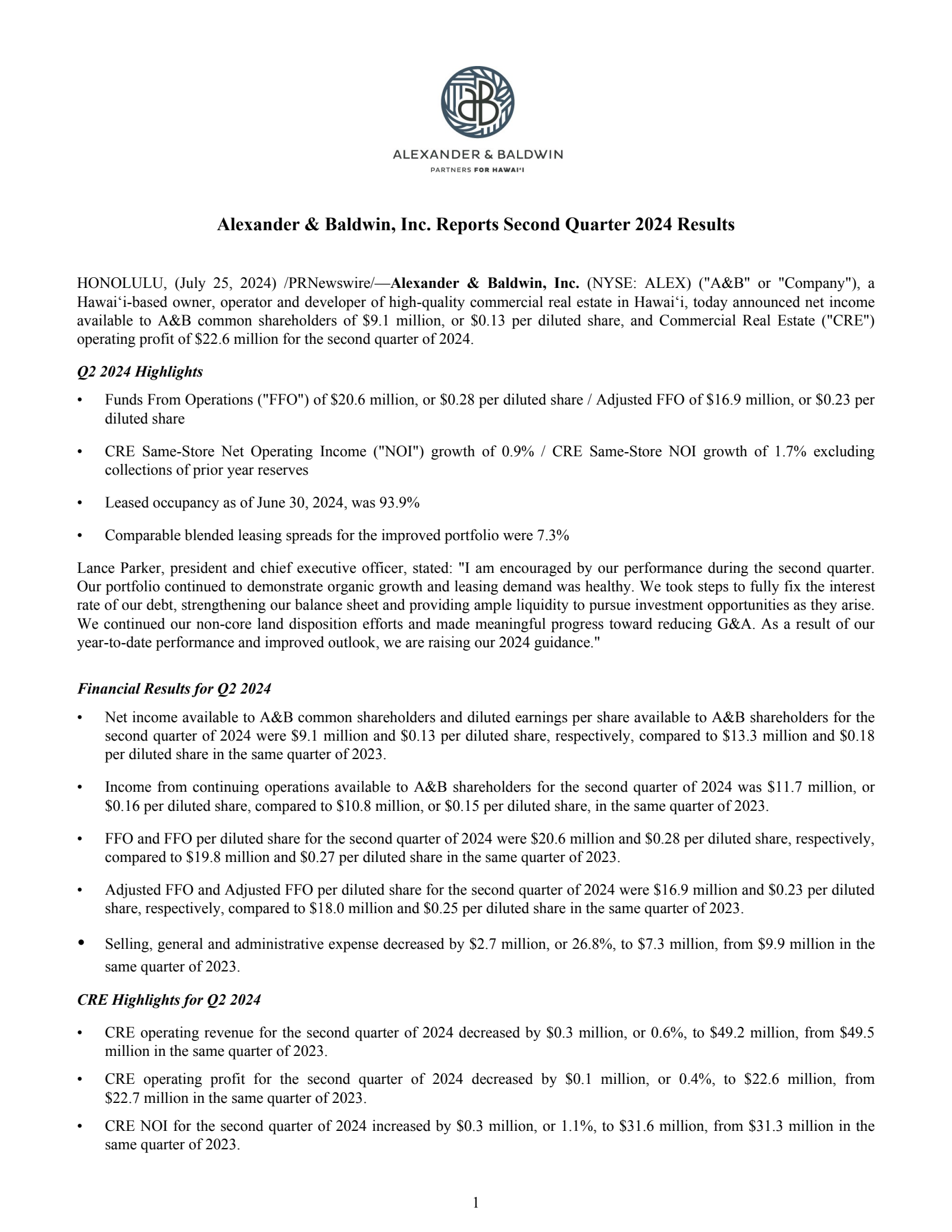 Alexander & Baldwin's Q2 2024 Press Release