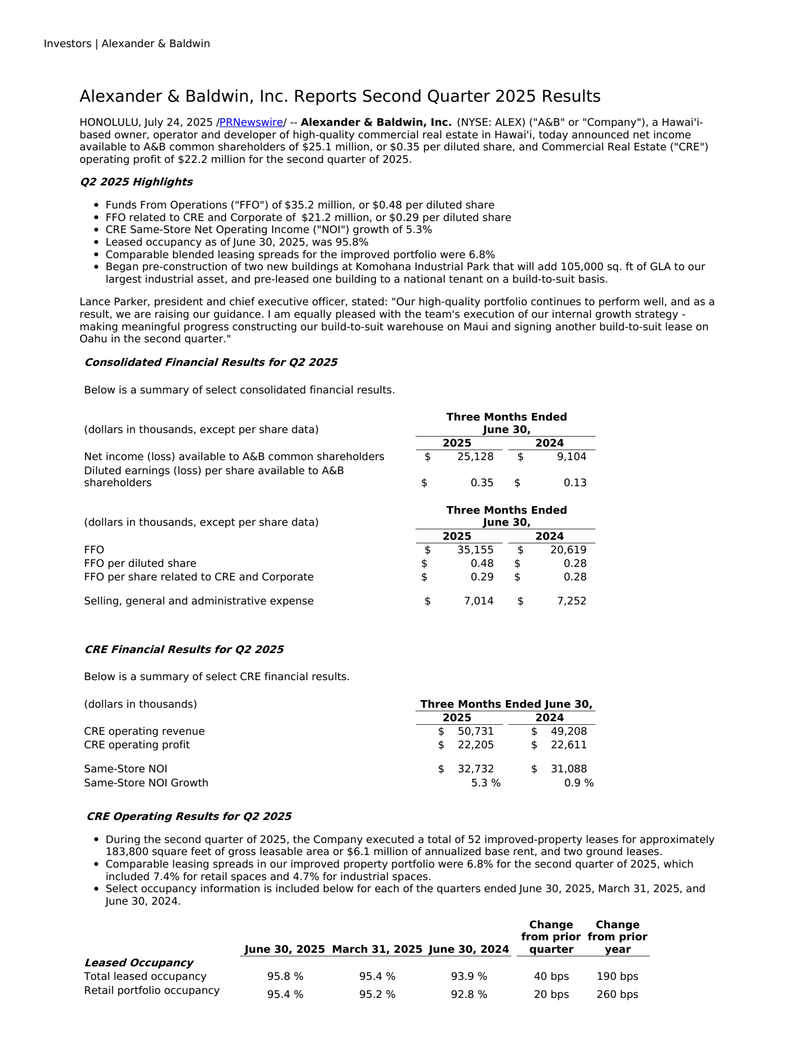 Alexander & Baldwin's Q2 2025 Press Release