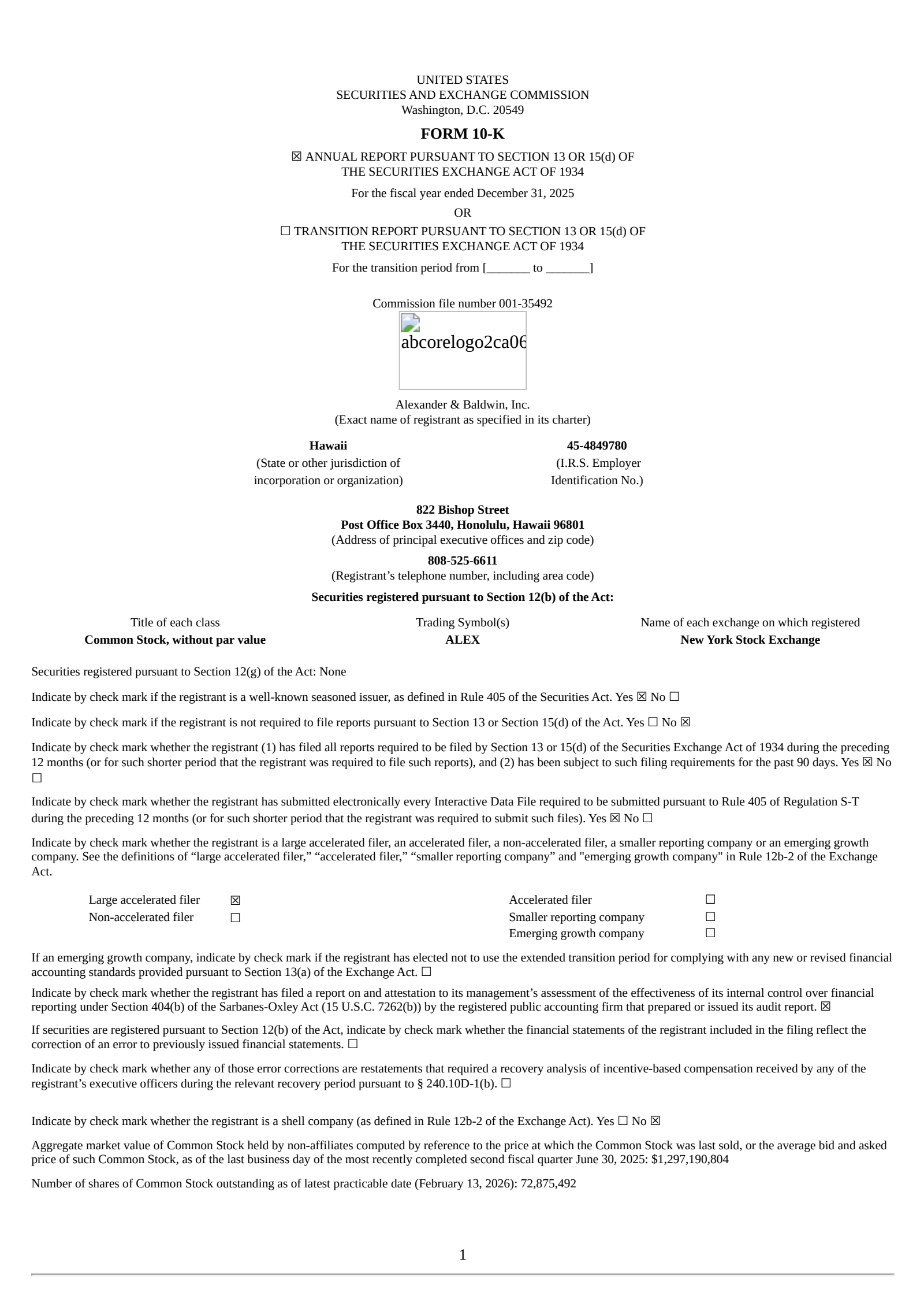 Alexander & Baldwin's Q4 2025 Annual report