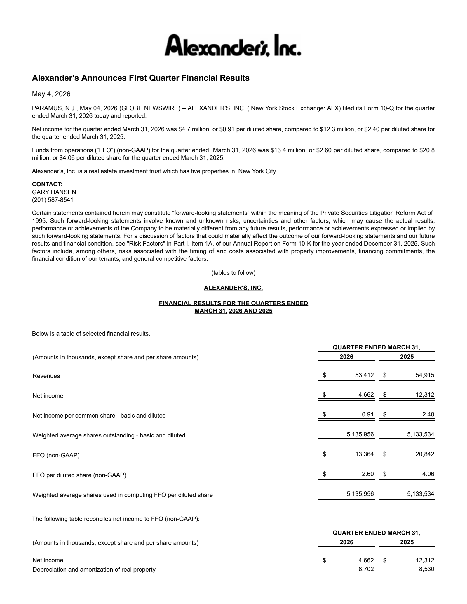 Alexander's' Q1 2026 Press Release