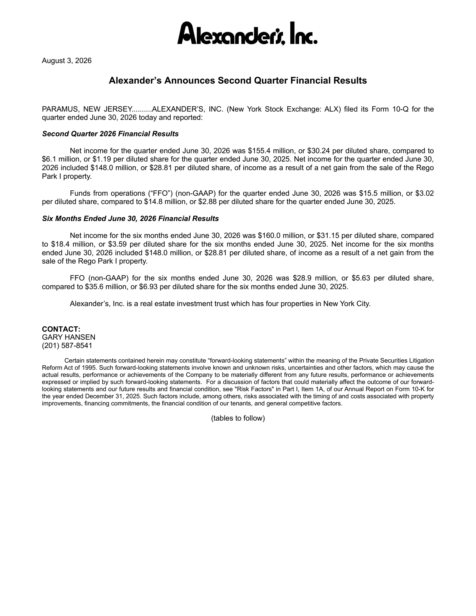 Alexander's' Q2 2026 Press Release