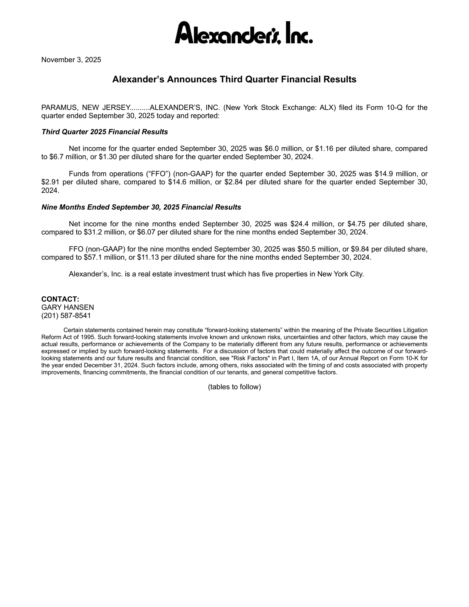 Alexander's' Q3 2025 Earnings Release