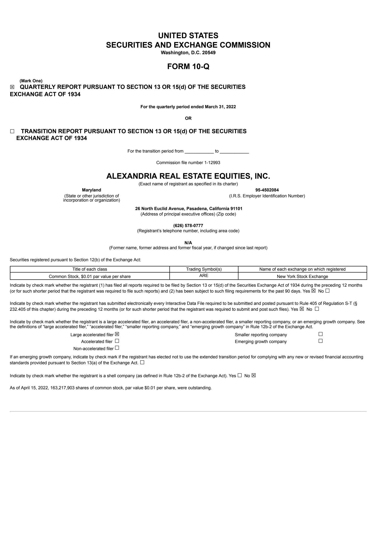 Alexandria Real Estate Equities' Q1 2022 Quarterly Report