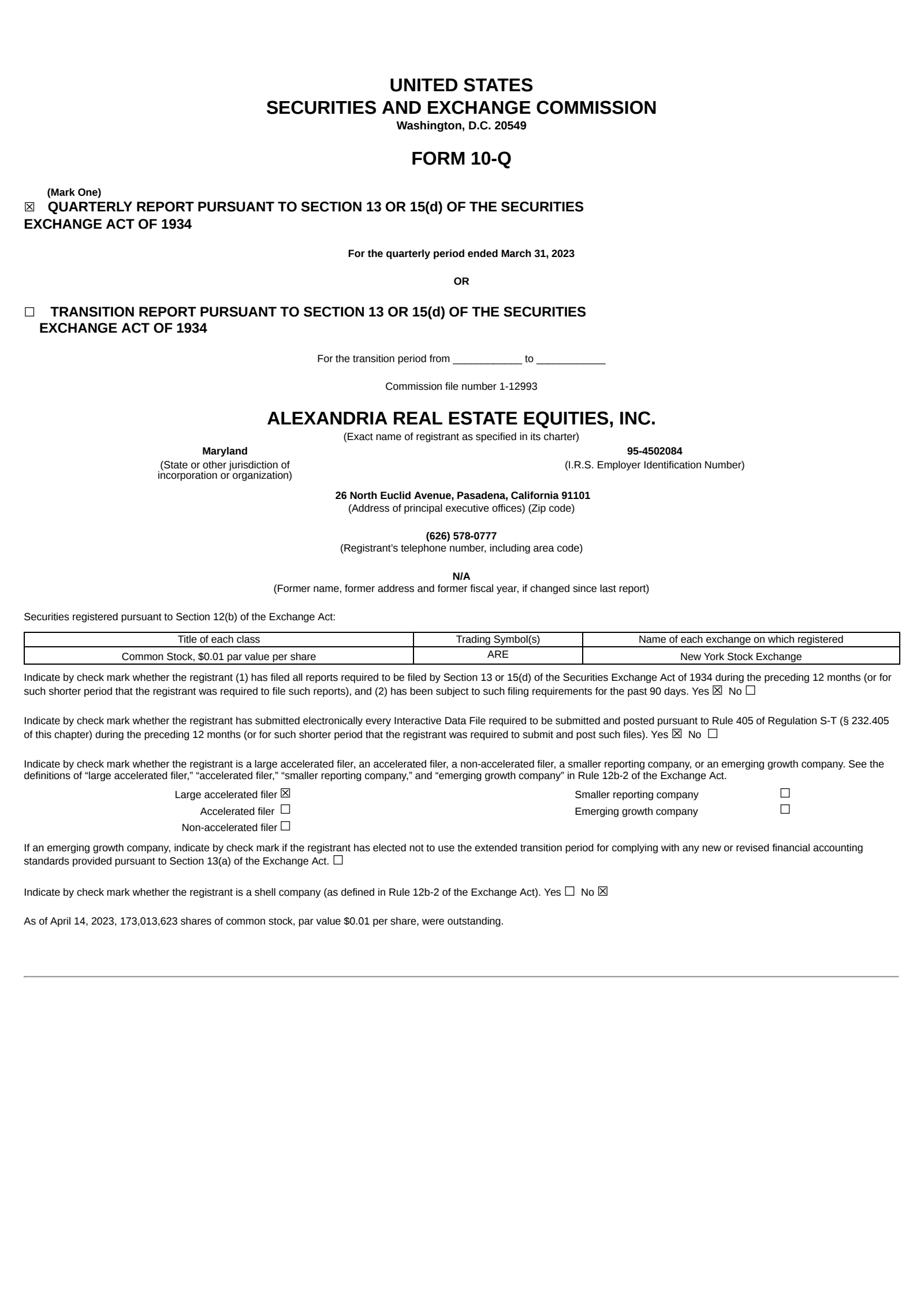 Alexandria Real Estate Equities' Q1 2023 Quarterly Report