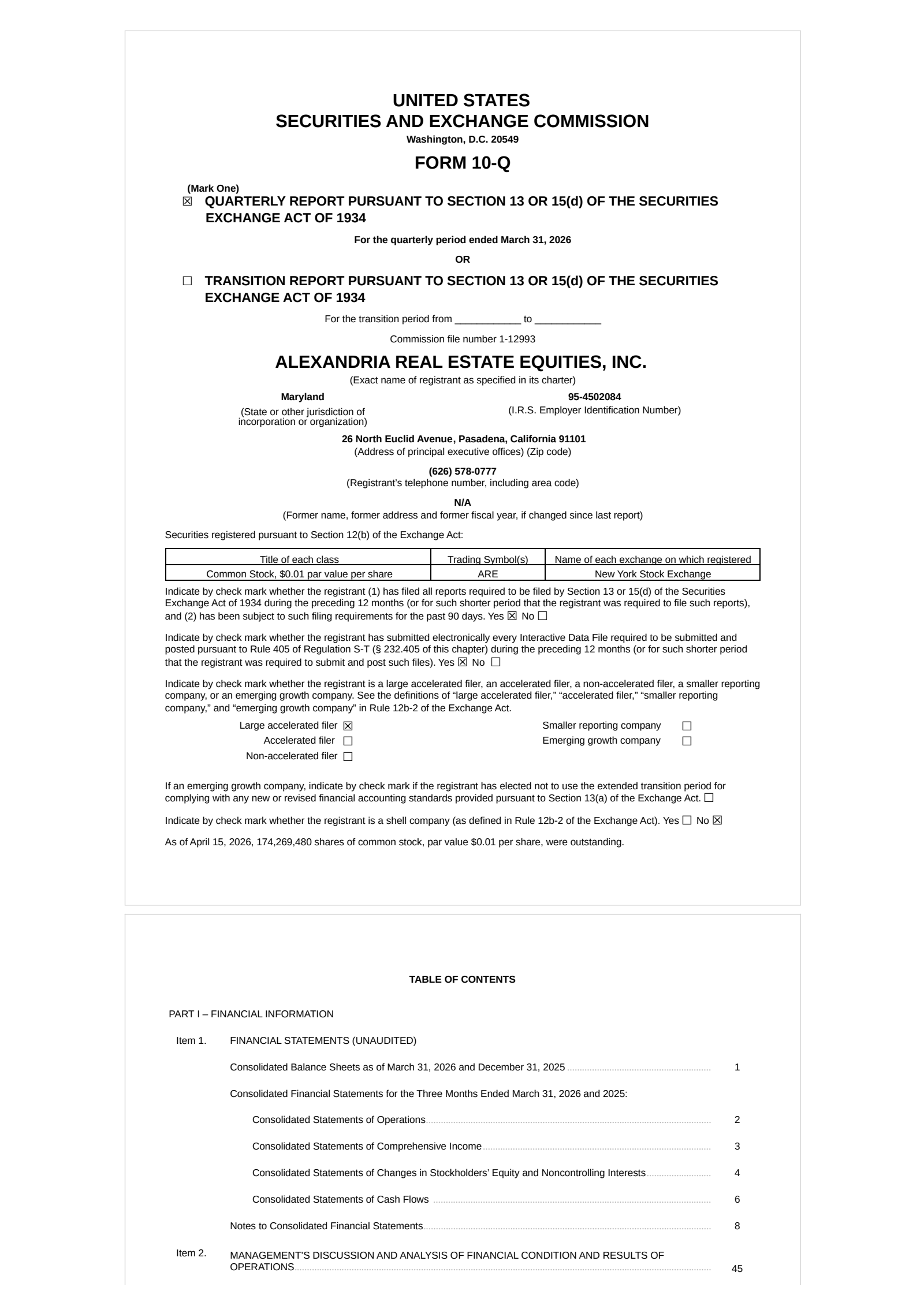 Alexandria Real Estate Equities' Q1 2026 Quarterly report
