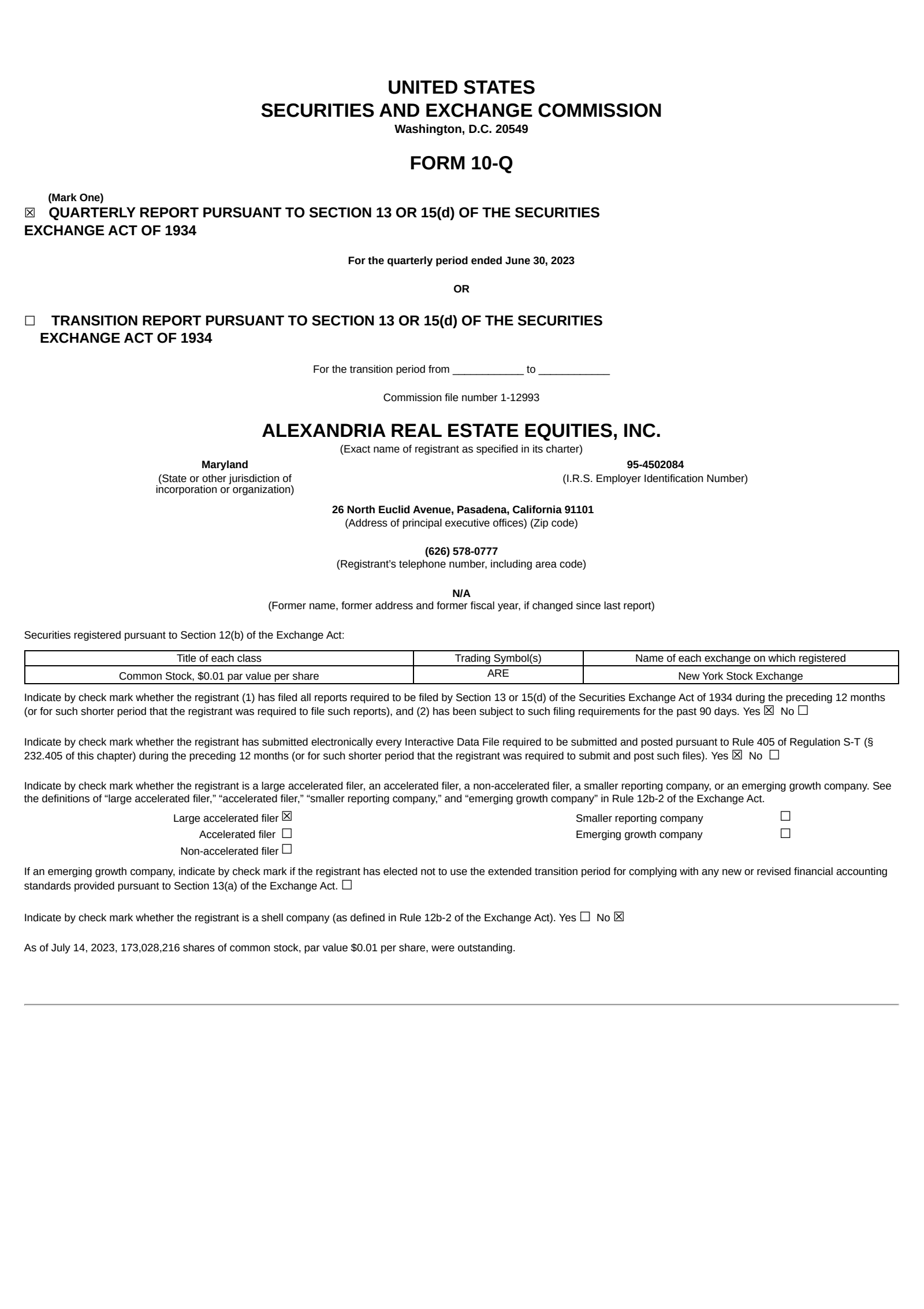 Alexandria Real Estate Equities' Q2 2023 Quarterly Report