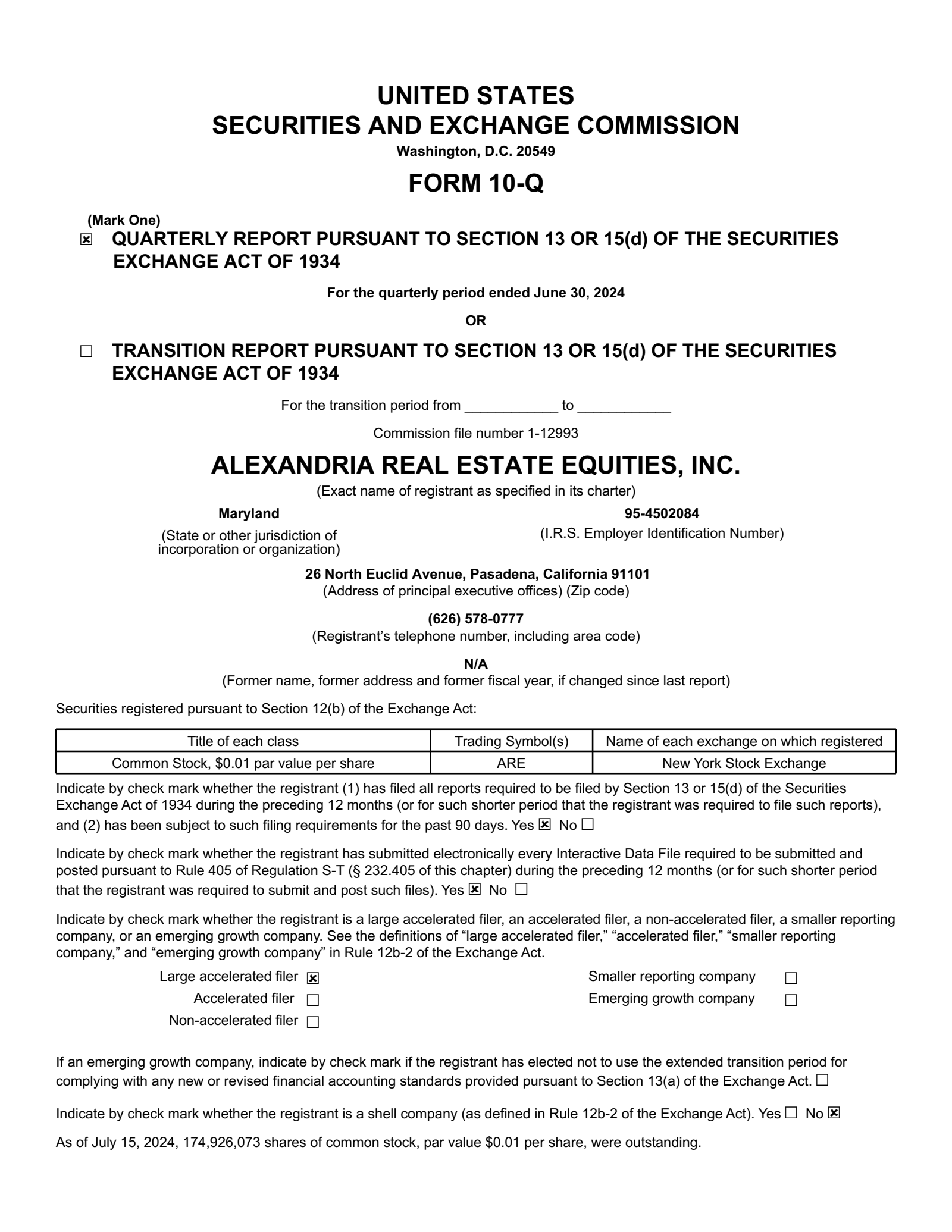 Alexandria Real Estate Equities' Q2 2024 Quarterly Report