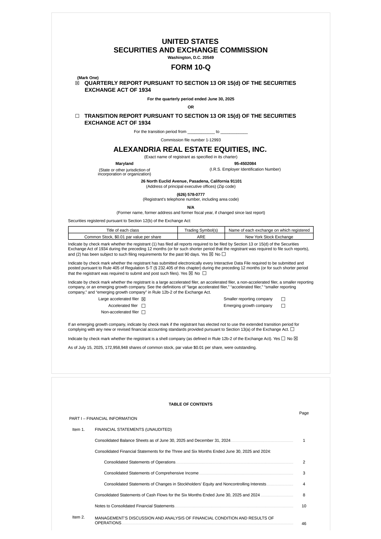 Alexandria Real Estate Equities' Q2 2025 Quarterly report