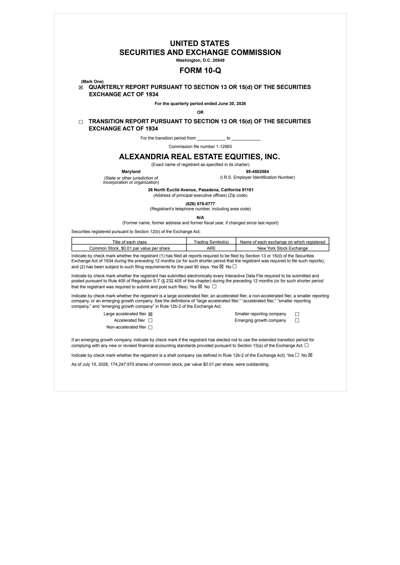 Alexandria Real Estate Equities' Q2 2026 Quarterly report
